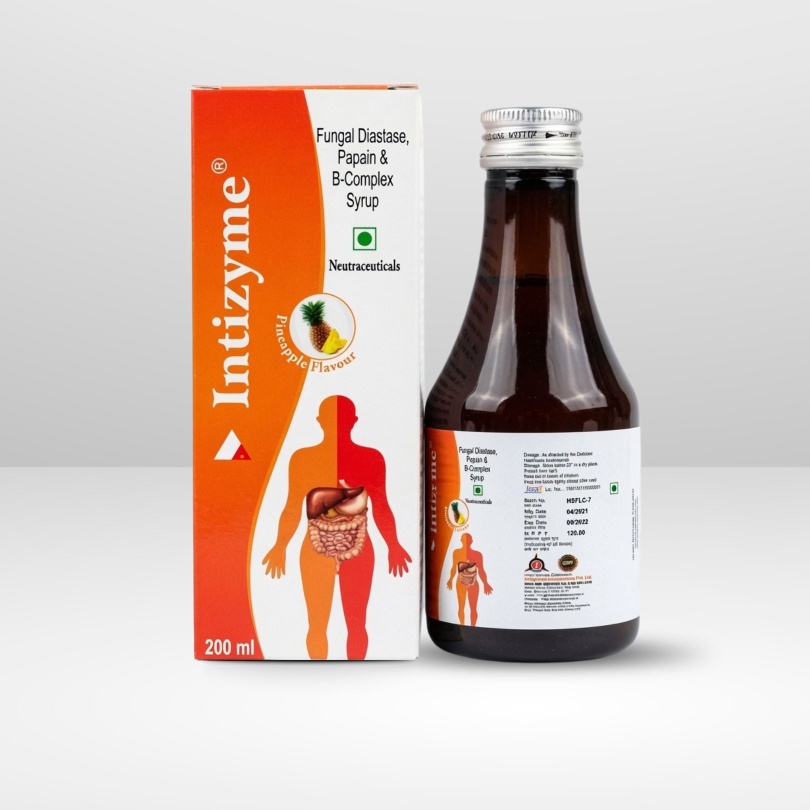 Bottle and box of Intizyme Fungal Diastase and B-Complex Digestive Syrup