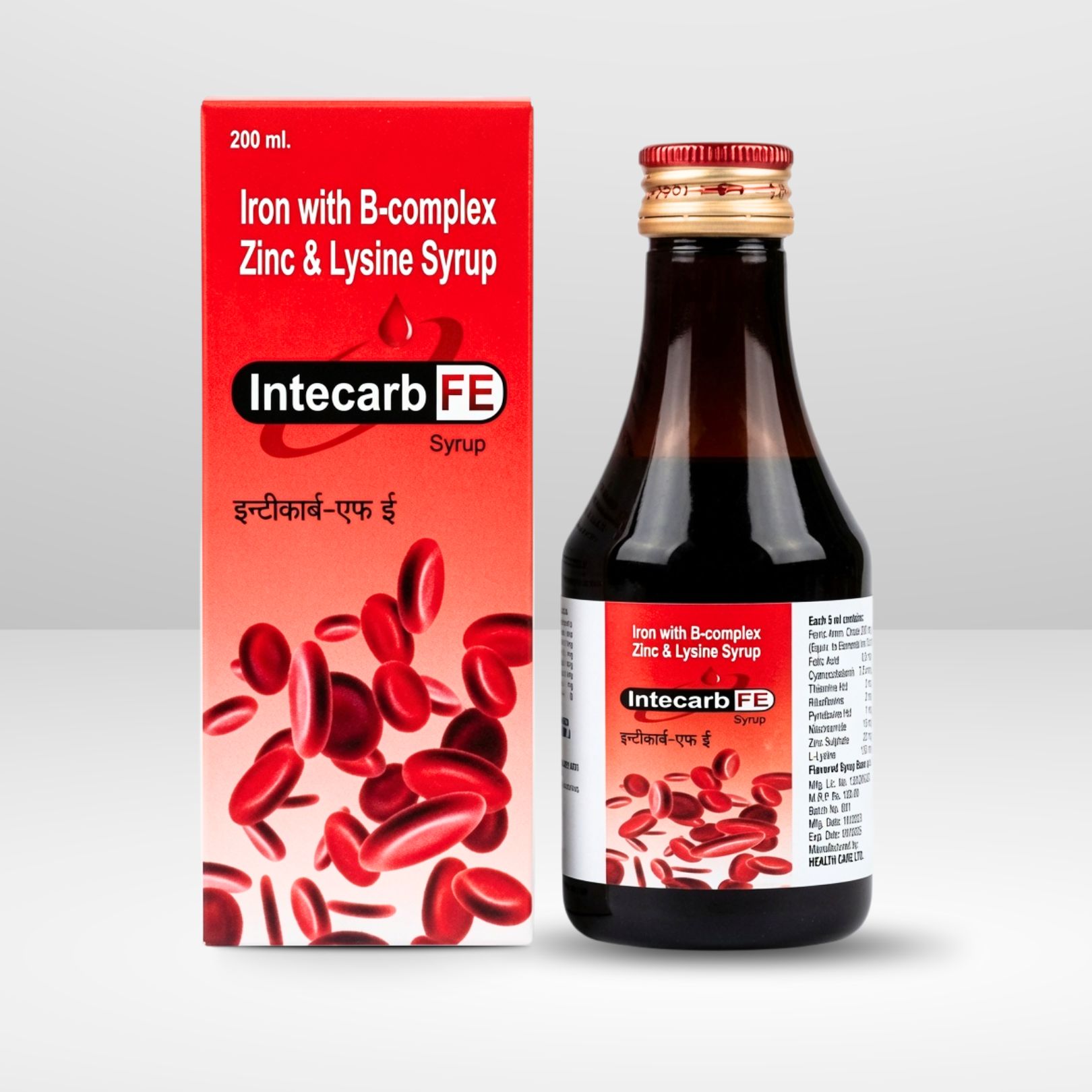 Bottle and box of Intecarb-FE Iron with Vitamin B-Complex Syrup