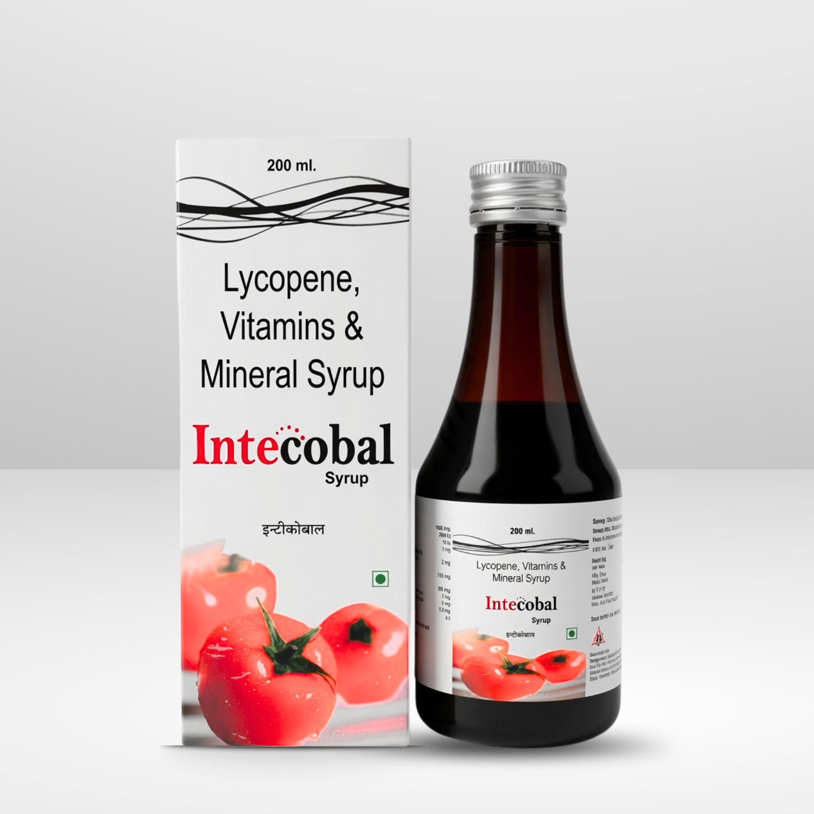 Bottle and box of Intecobal Lycopene with Vitamin B-Complex Syrup