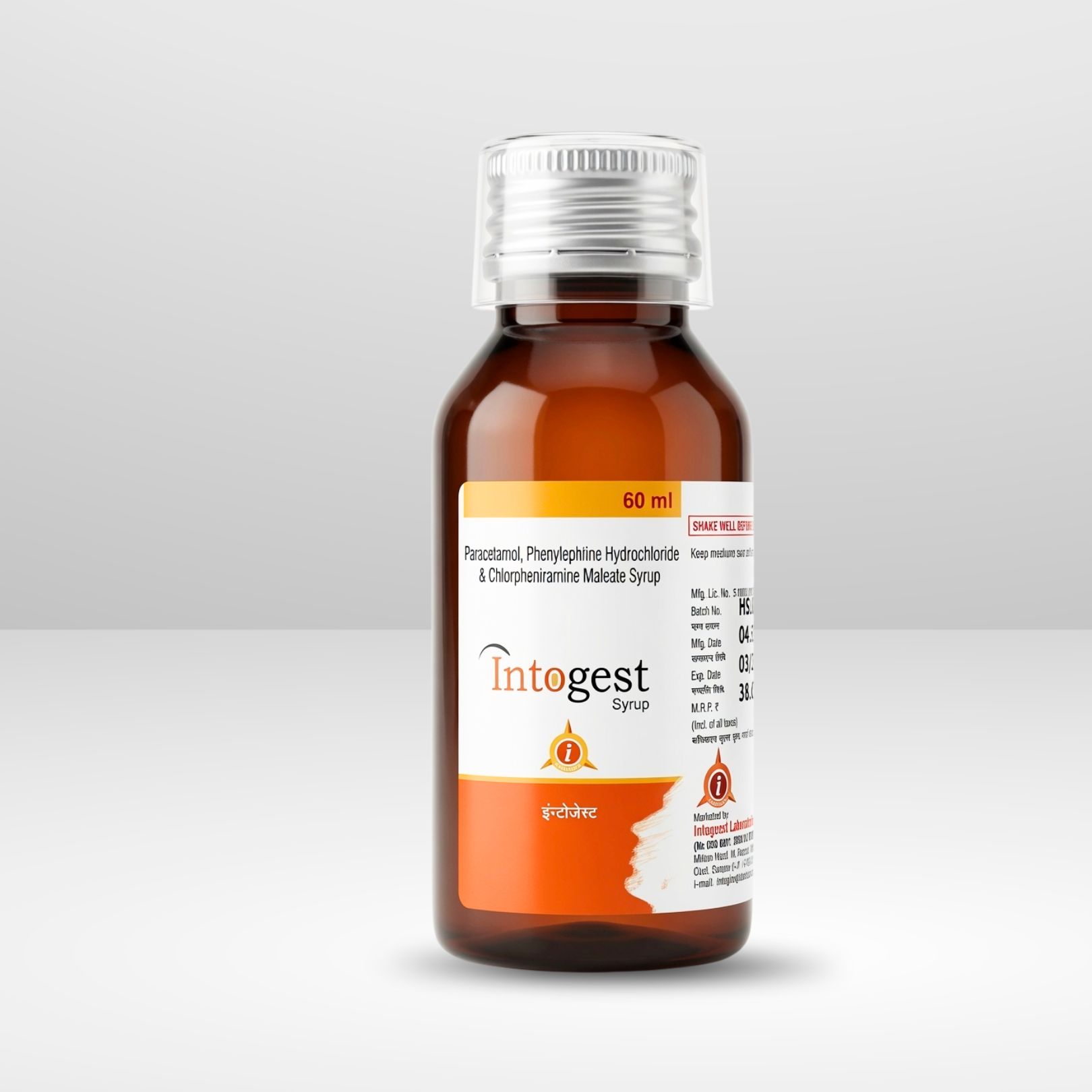 Bottle and box of Intogest Paracetamol and Phenylephrine Hydrochloride Syrup