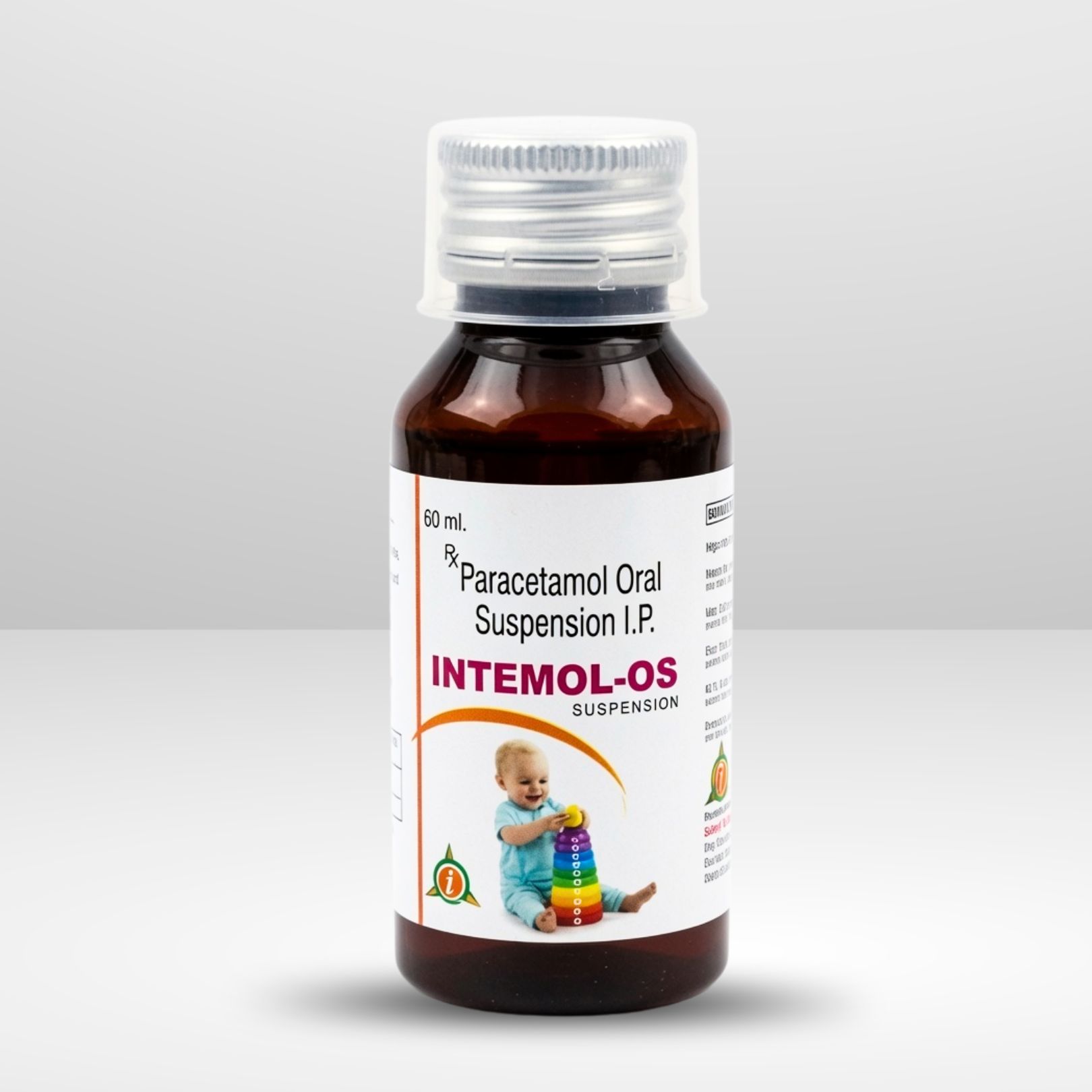 Bottle and box of Intemol-OS Paracetamol Paediatric Oral Suspension Syrup