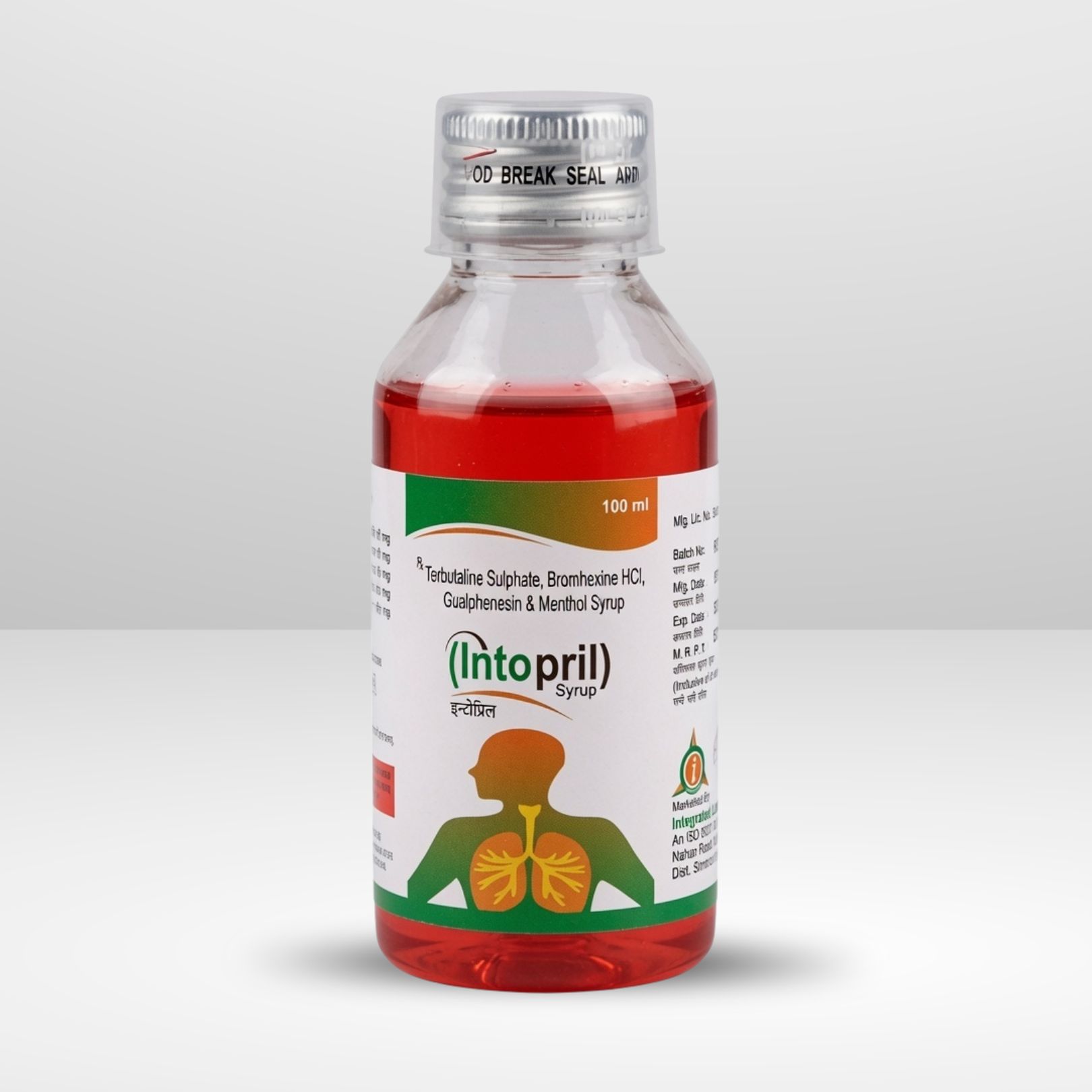 Bottle and box of Intropril Terbutaline Sulphate and Bromhexine Hydrochloride Syrup