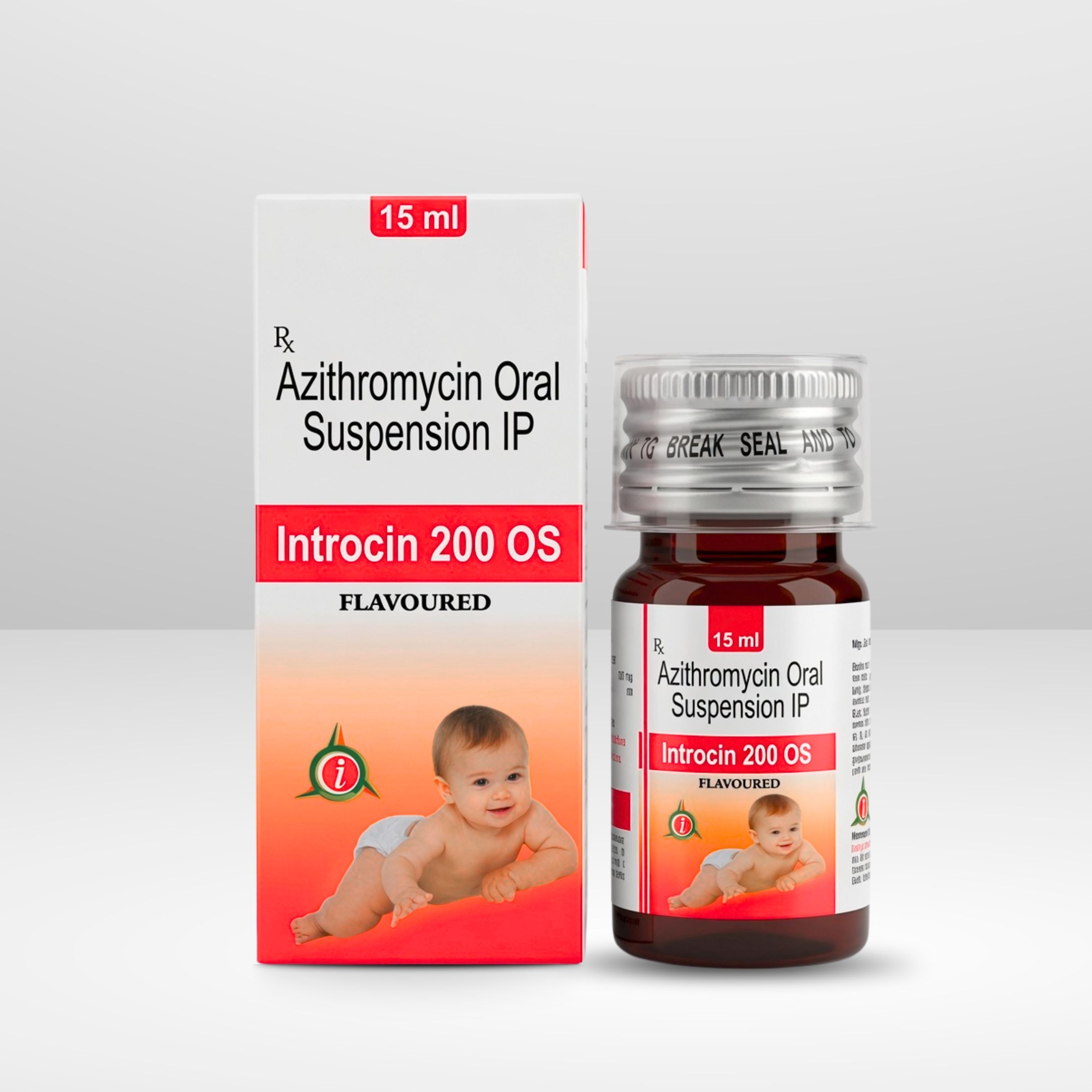 A bottle of Introcin 200 OS Azithromycin 200mg oral suspension syrup for treating bacterial infections in children.