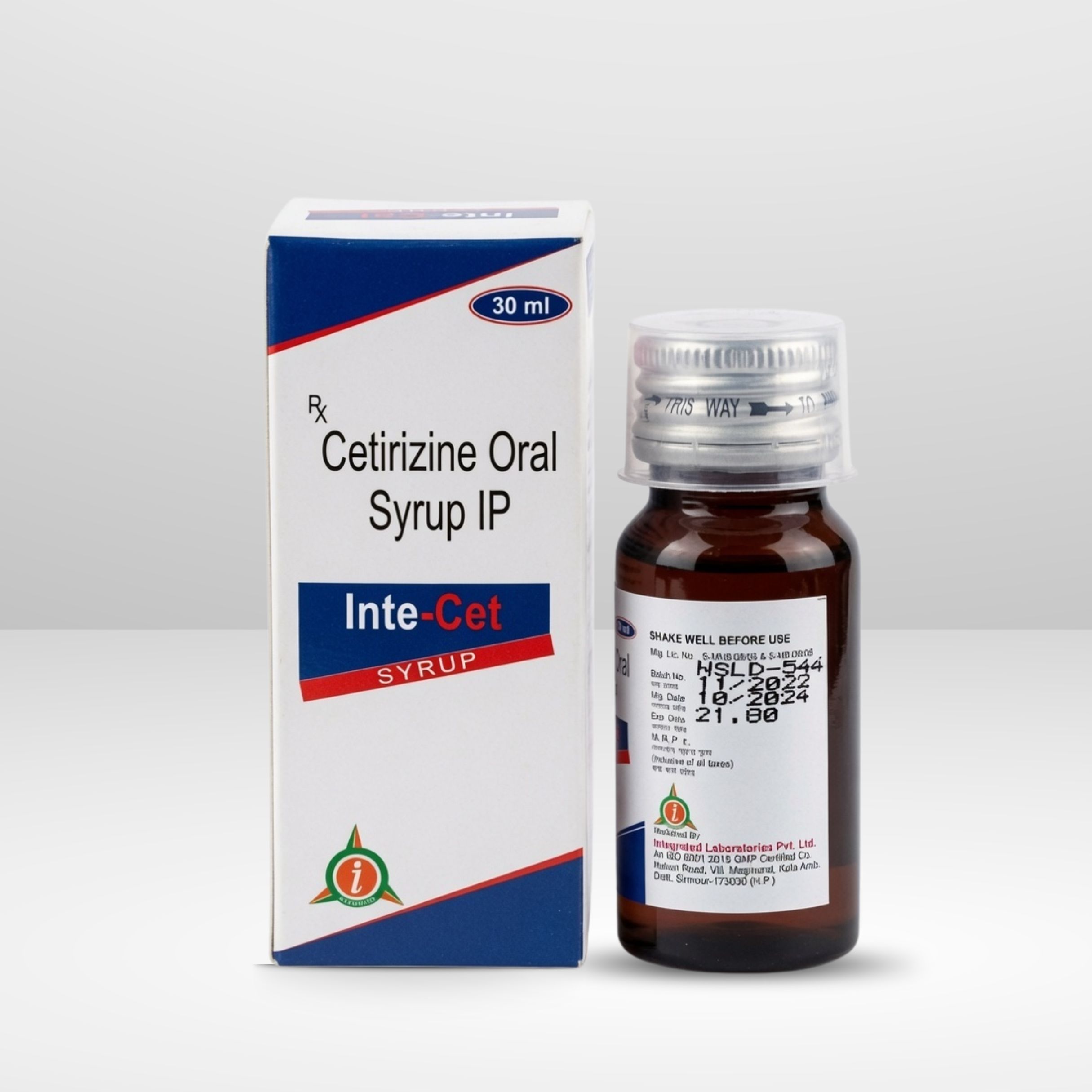 A bottle of Inte-cet Cetirizine Hydrochloride 5mg oral liquid solution for pediatric and adult allergy relief.