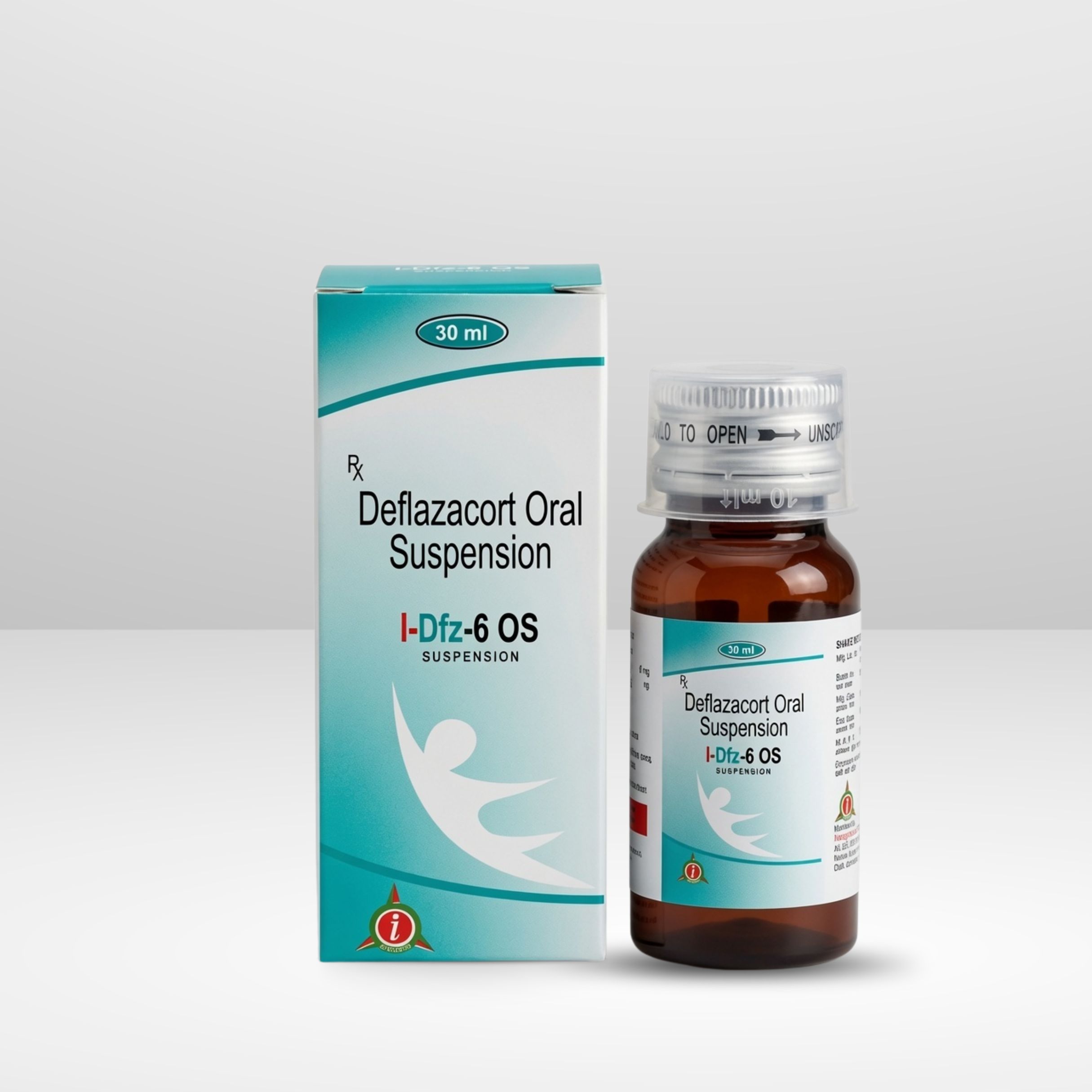A bottle of I-DFZ-6 OS Deflazacort 6mg oral suspension syrup for managing inflammatory, allergic, and autoimmune conditions.