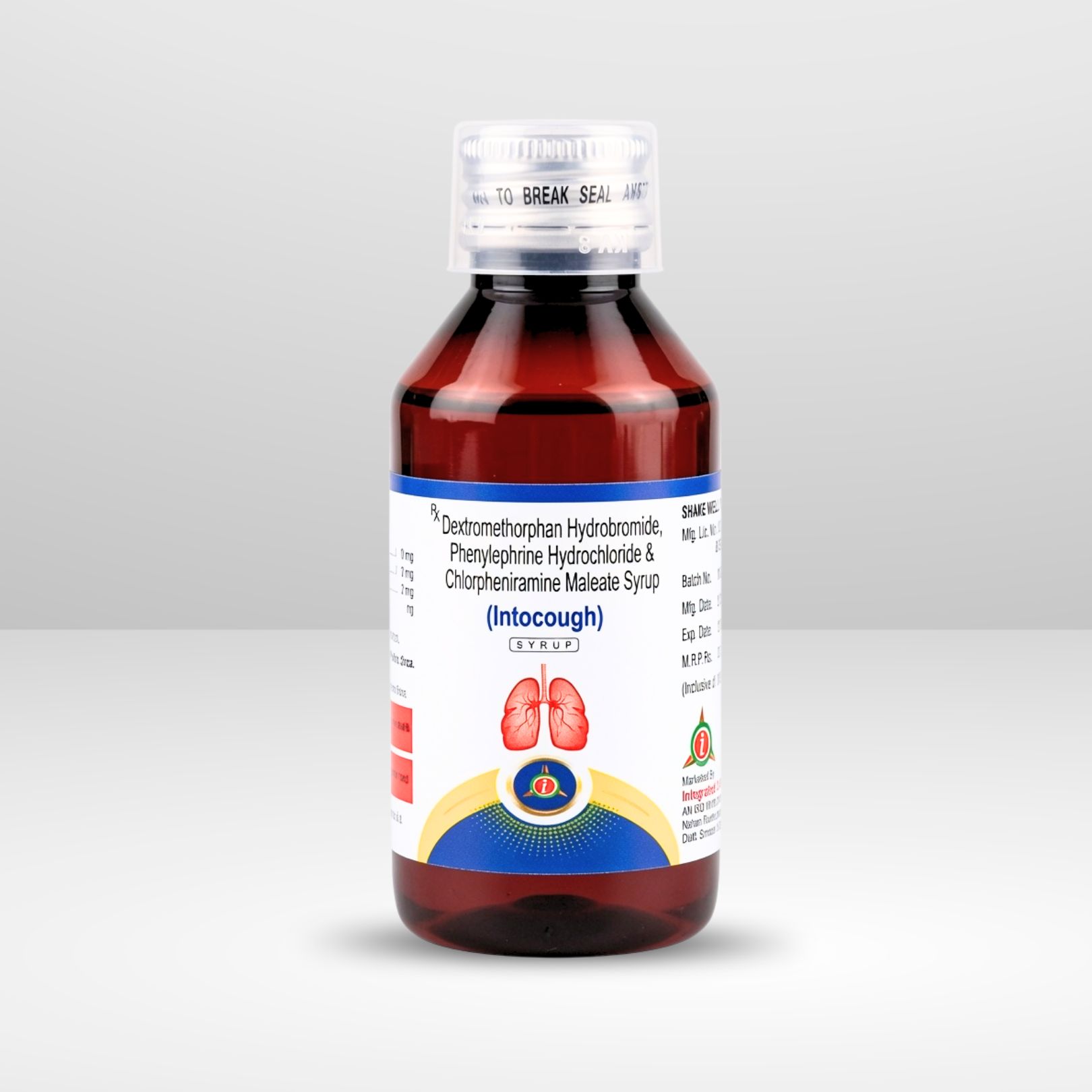 Bottle and box of Intocough Dextromethorphan, Chlorpheniramine Maleate, and Phenylephrine Syrup