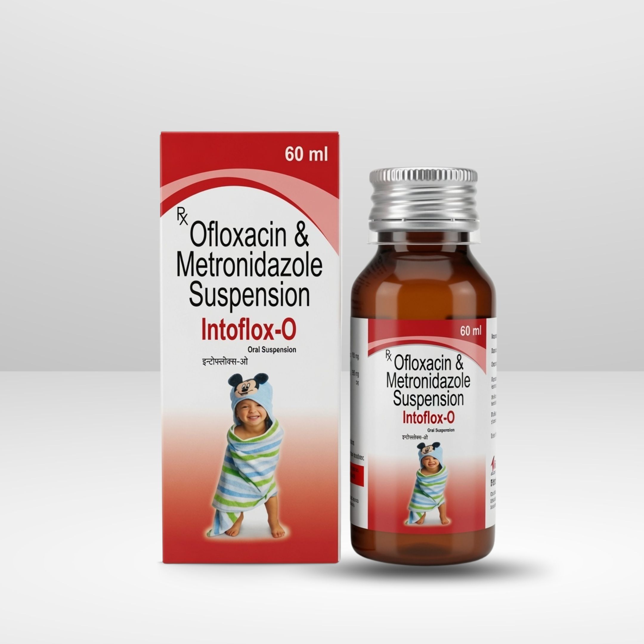 Bottle and box of Intoflox-O Ofloxacin and Metronidazole Suspension