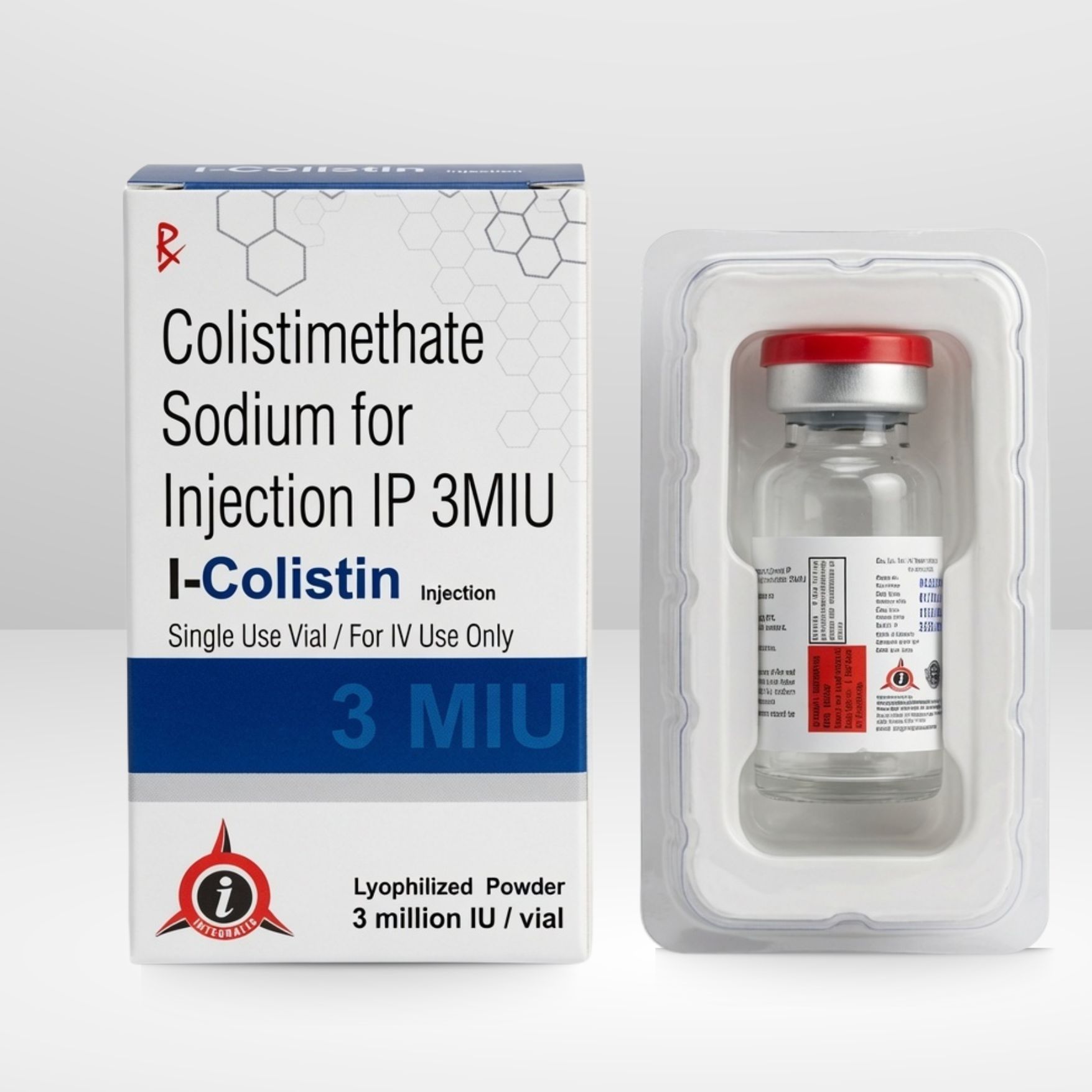 Colistimethate Sodium 3 MIU Injection vial and box labeled I-Colistin 3 MIU by Integrated Laboratories for pharmaceutical use