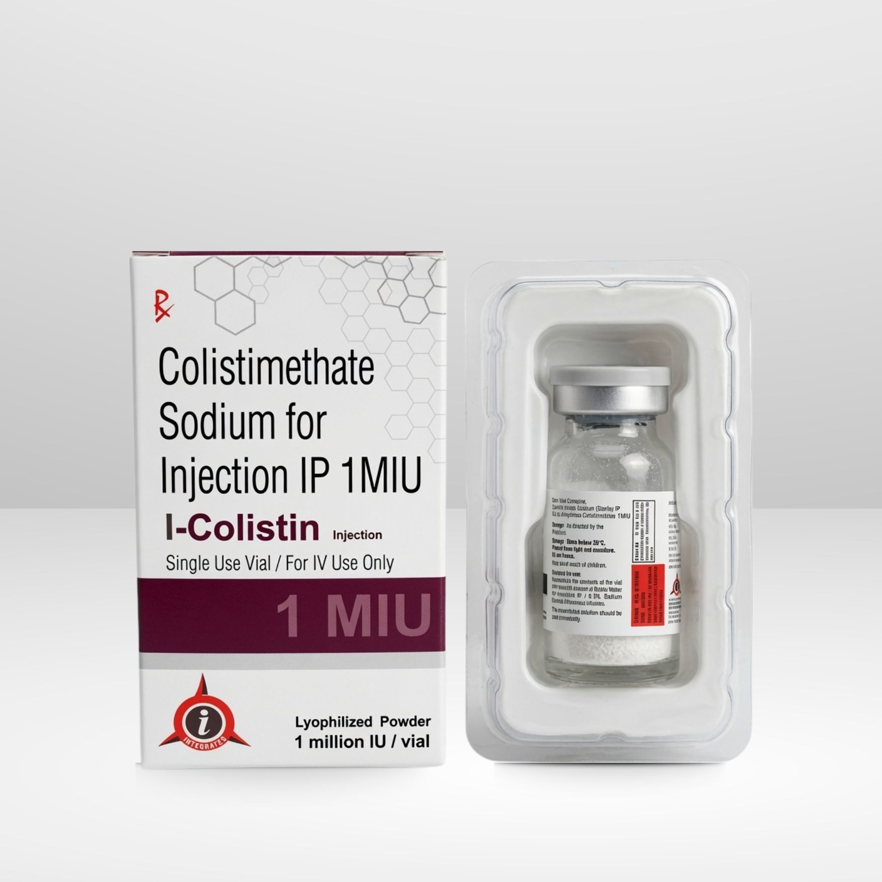 Colistimethate Sodium Injection vials and box labeled I-Colistin by Integrated Laboratories for pharmaceutical use