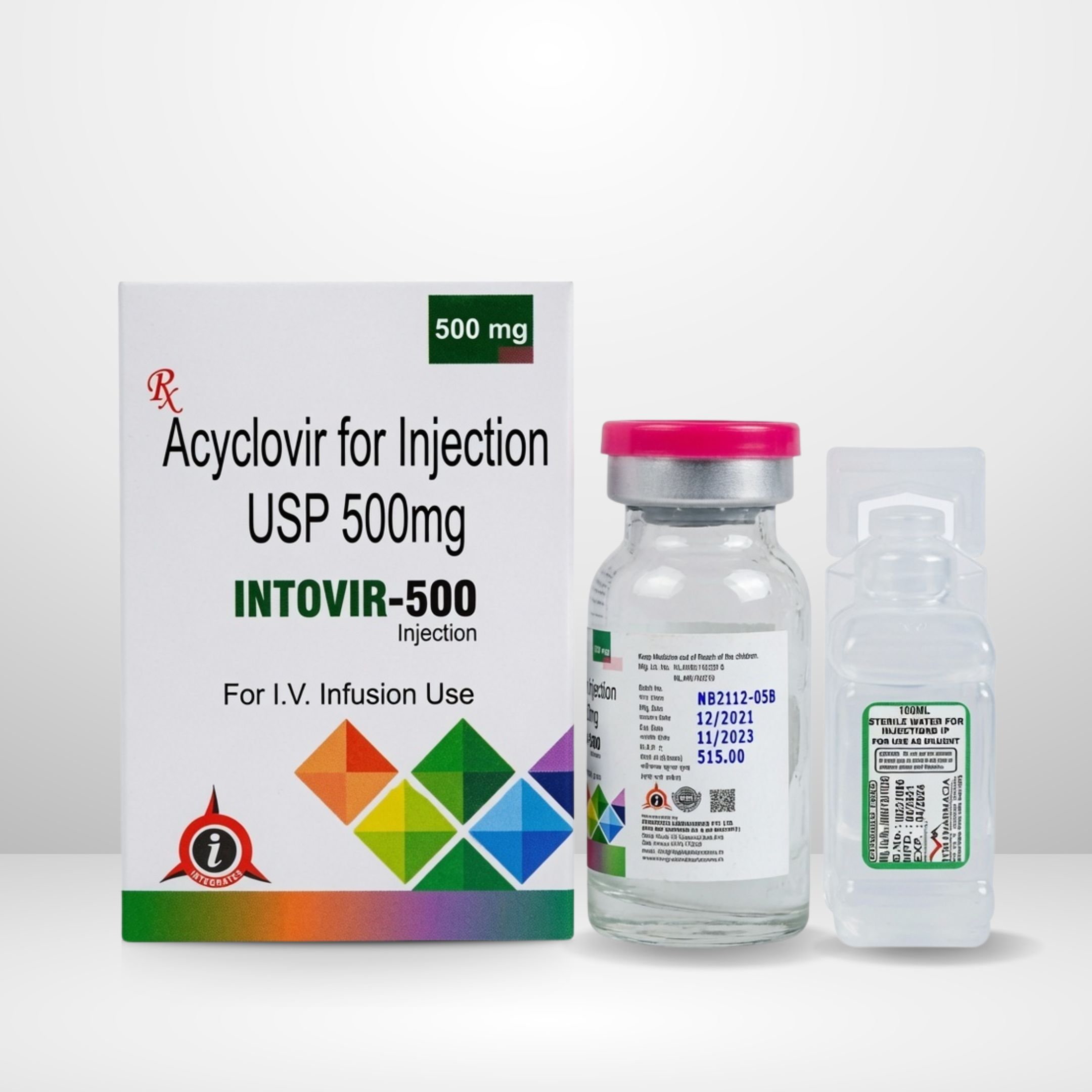 Acyclovir 500mg Injection vial and packaging labeled Intovir-500 by Integrated Laboratories for pharmaceutical use
