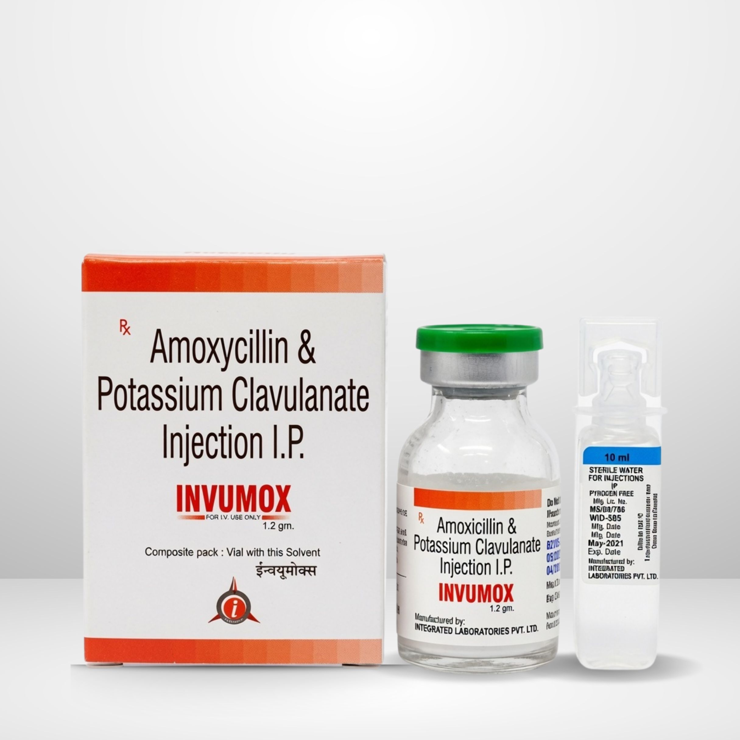 Amoxicillin Sodium and Potassium Clavulanate 1.2gm Injection vial and packaging labeled Invumox-1.2 by Integrated Laboratories for pharmaceutical use