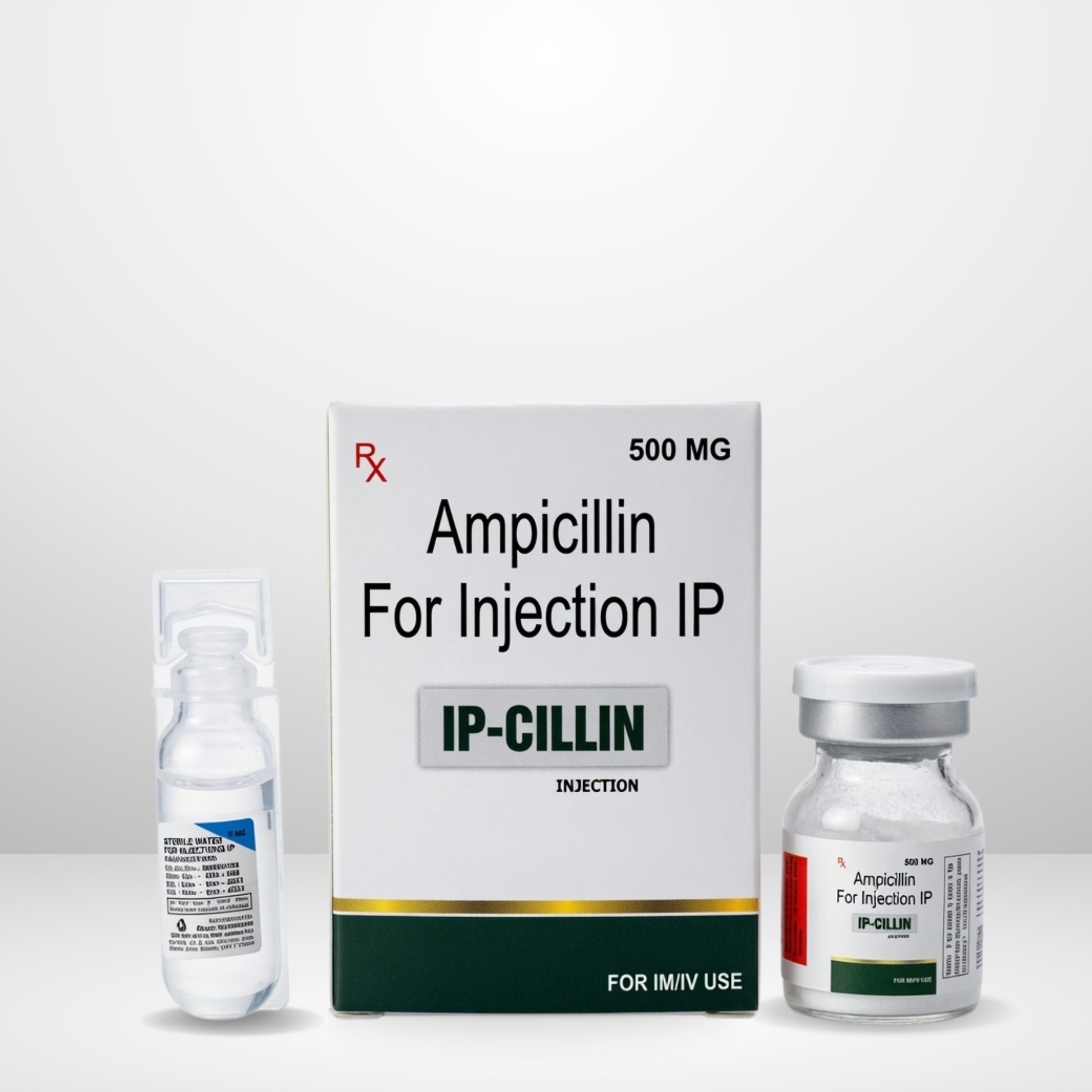 Ampicillin 500mg Injection vial and packaging labeled IP-Cillin by Integrated Laboratories for pharmaceutical use