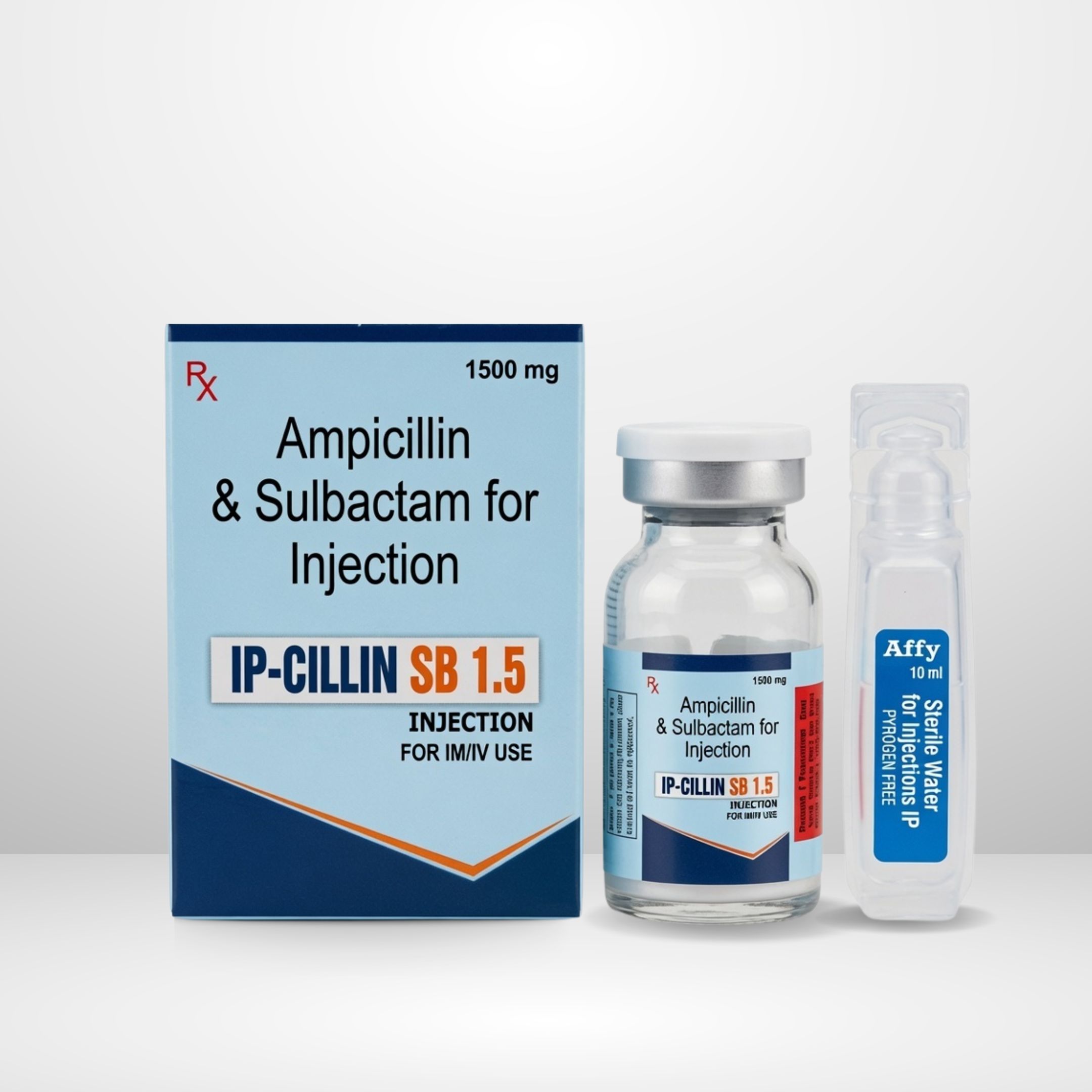 Ampicillin and Sulbactam 1.5gm Injection vial and packaging labeled IP-Cillin SB 1.5 by Integrated Laboratories for pharmaceutical use