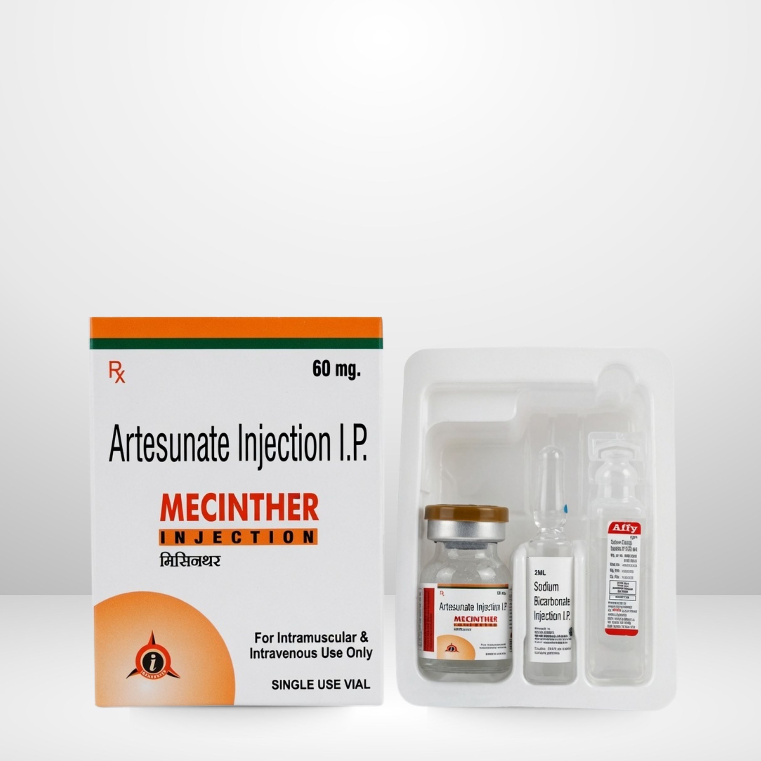 Artesunate 60mg Injection vial and packaging labeled Mecinther by Integrated Laboratories for pharmaceutical use