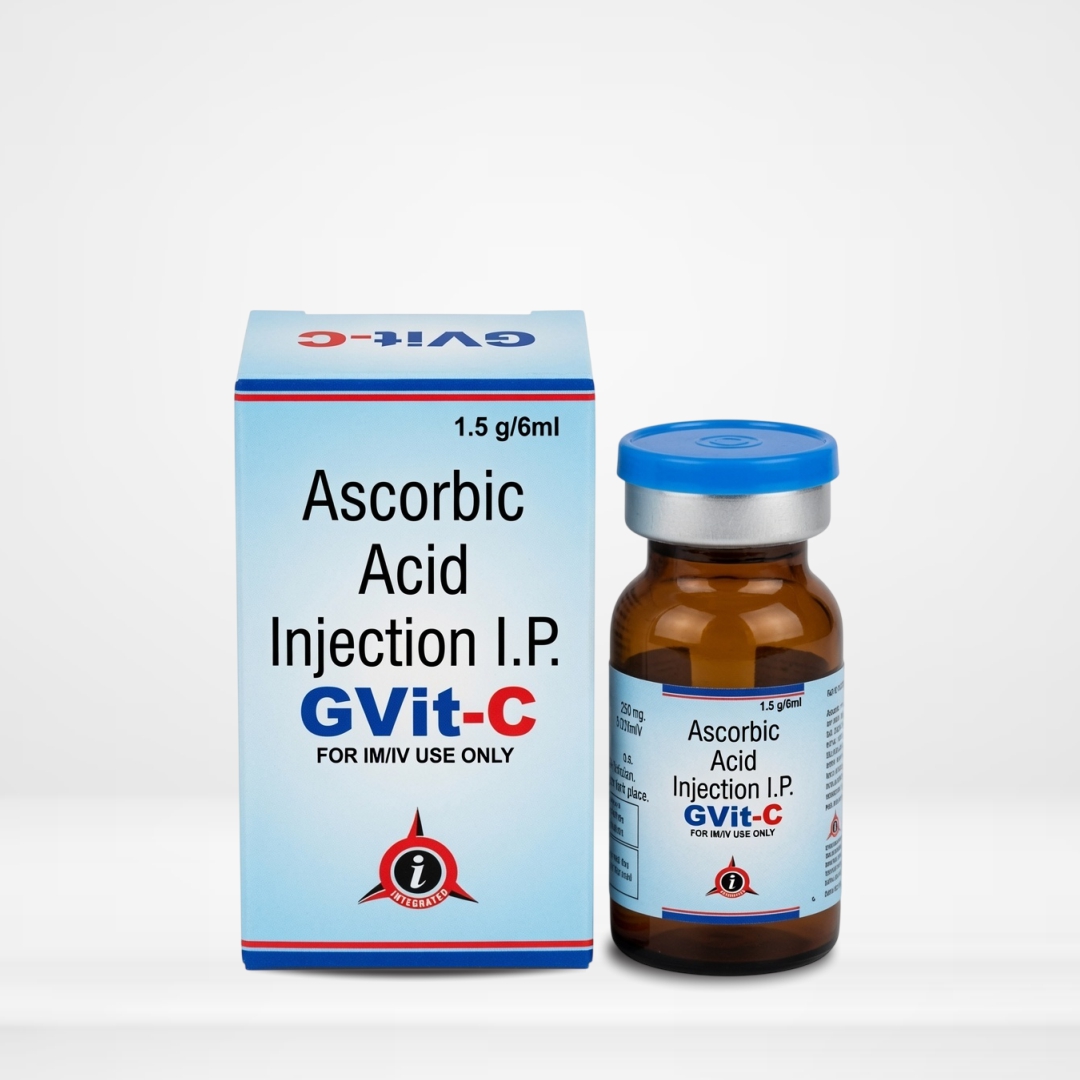 Ascorbic Acid 500mg/5ml Injection ampoule and box labeled Gvit-C by Integrated Laboratories for pharmaceutical use