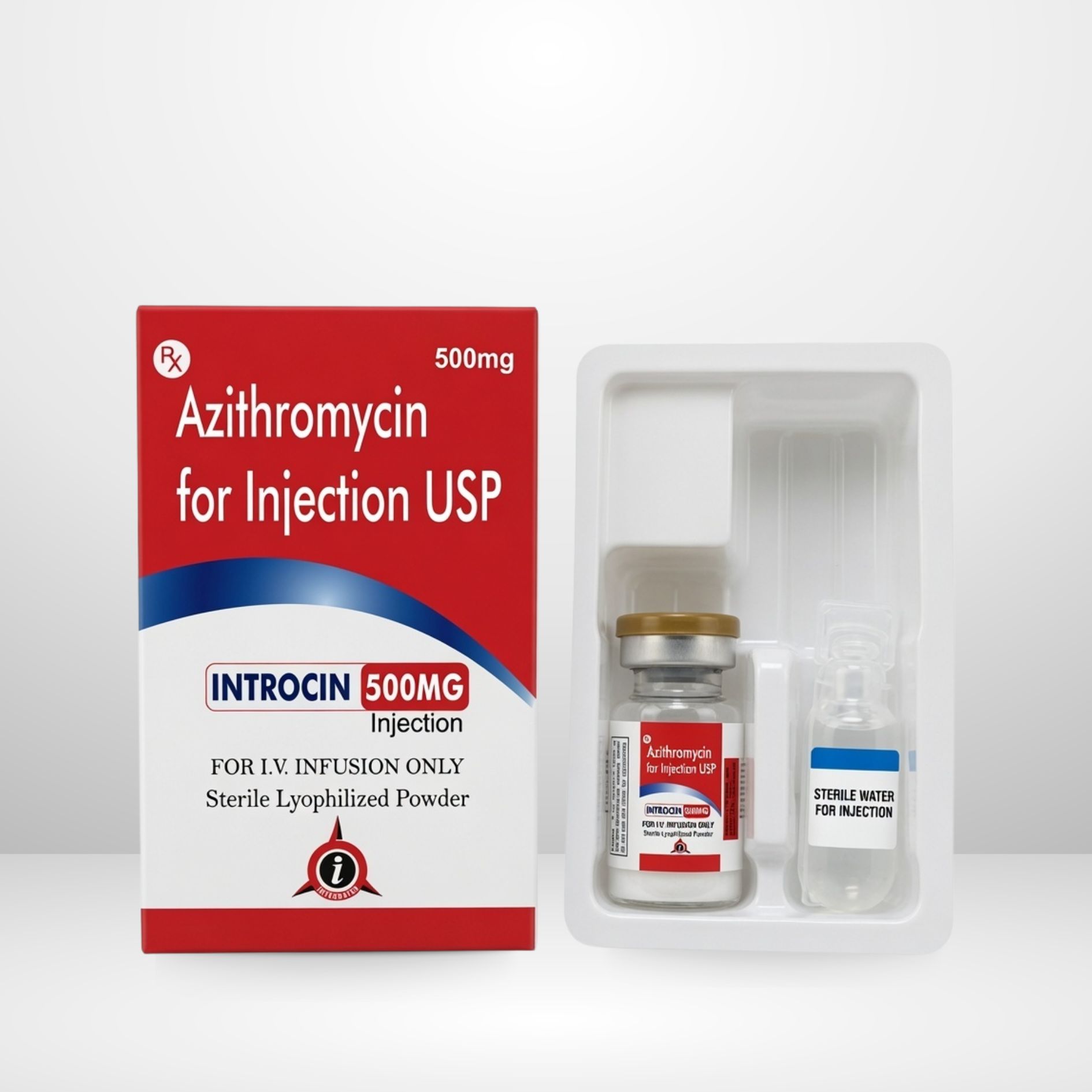 Azithromycin 500mg Injection vial and packaging labeled Introcin-500 by Integrated Laboratories for pharmaceutical use