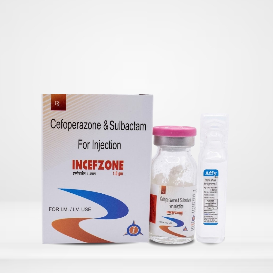 Cefoperazone 1gm + Sulbactam 500mg Injection vial and packaging labeled Incefzone-1.5gm by Integrated Laboratories for pharmaceutical use