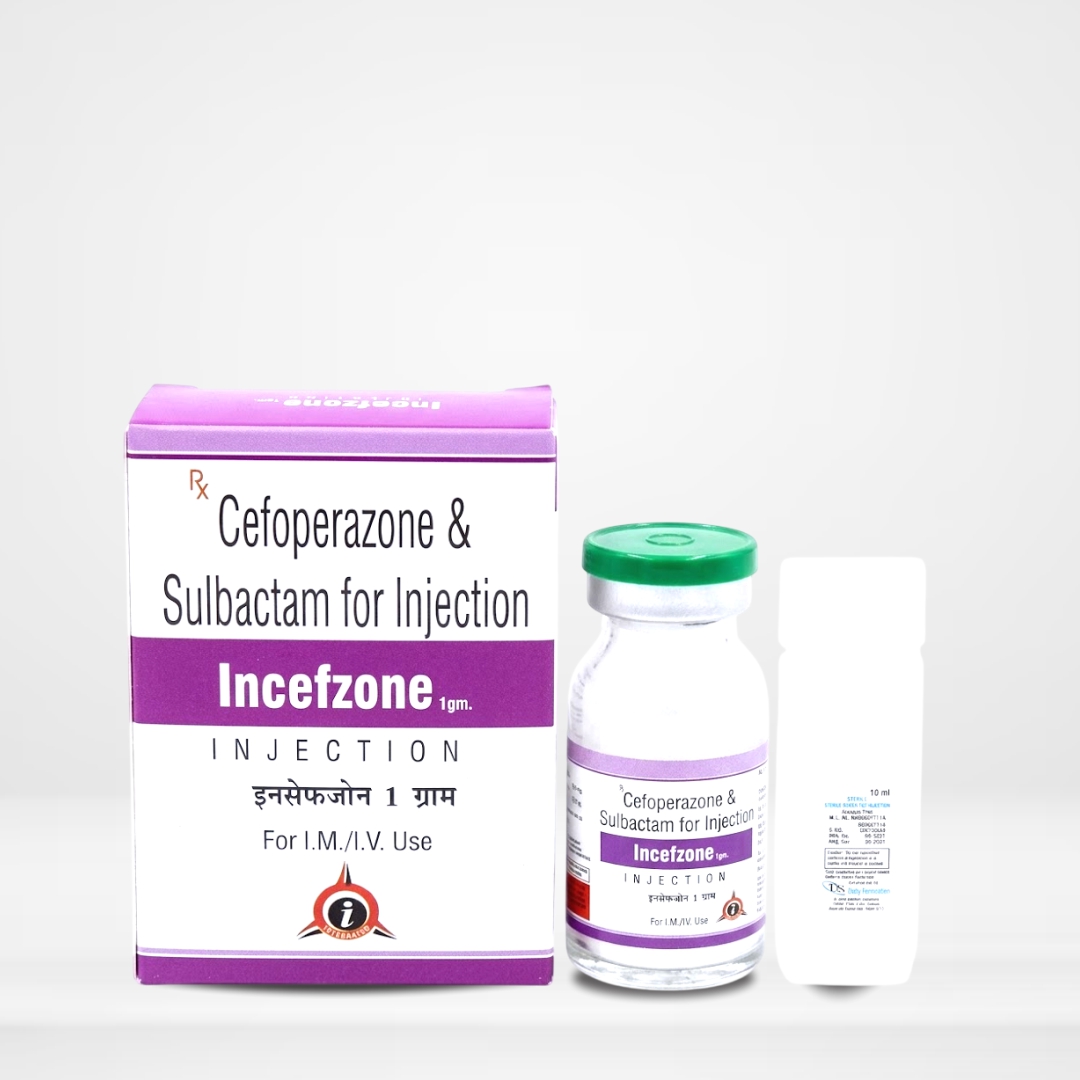 Cefoperazone 500mg + Sulbactam 500mg Injection vial and packaging labeled Incefzone by Integrated Laboratories for pharmaceutical use