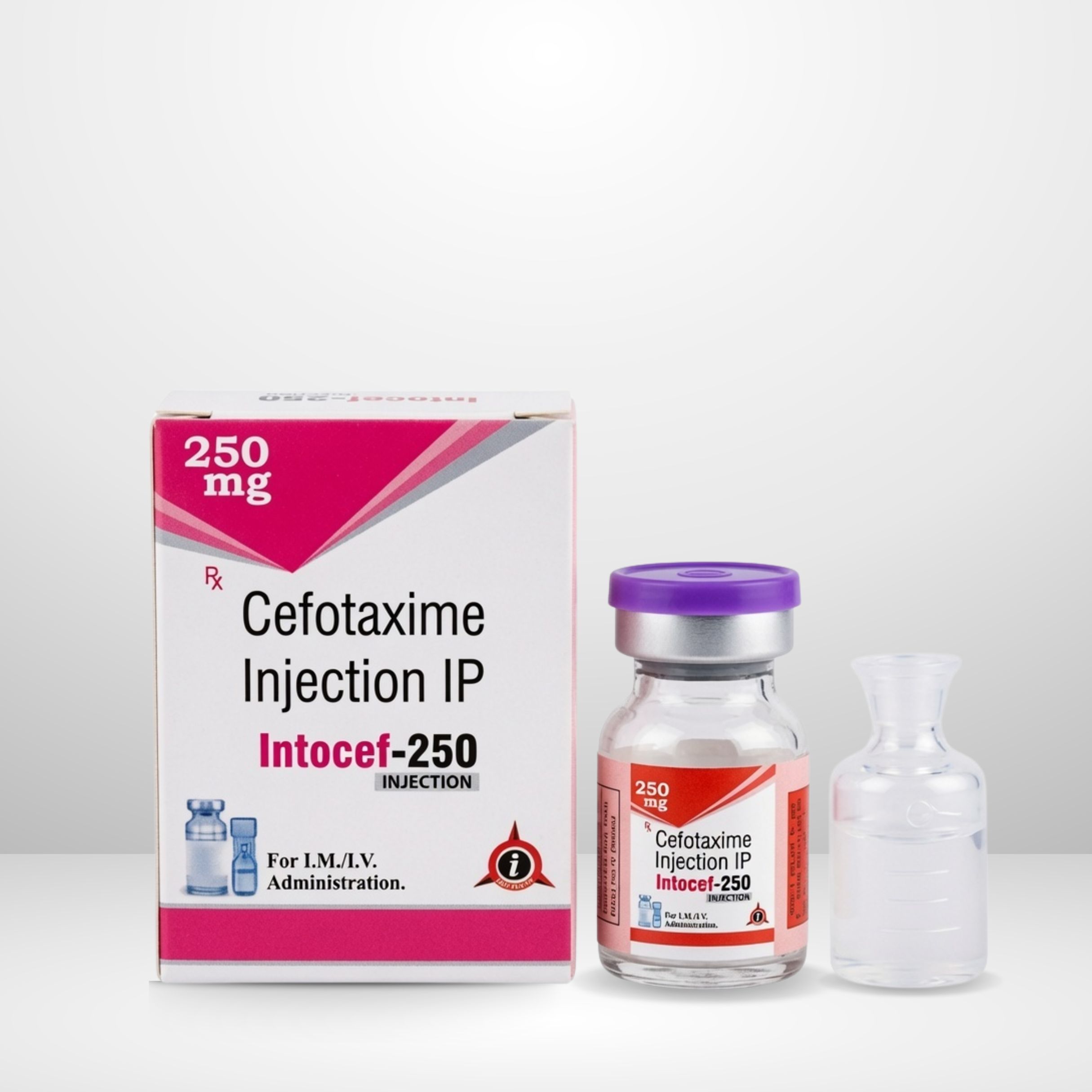 Cefotaxime Sodium 250mg Injection vial and box labeled Intocef-250 by Integrated Laboratories for hospital use