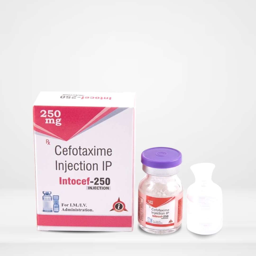 Cefotaxime 250mg Injection vial and packaging labeled Intocef-250 by Integrated Laboratories for pharmaceutical use