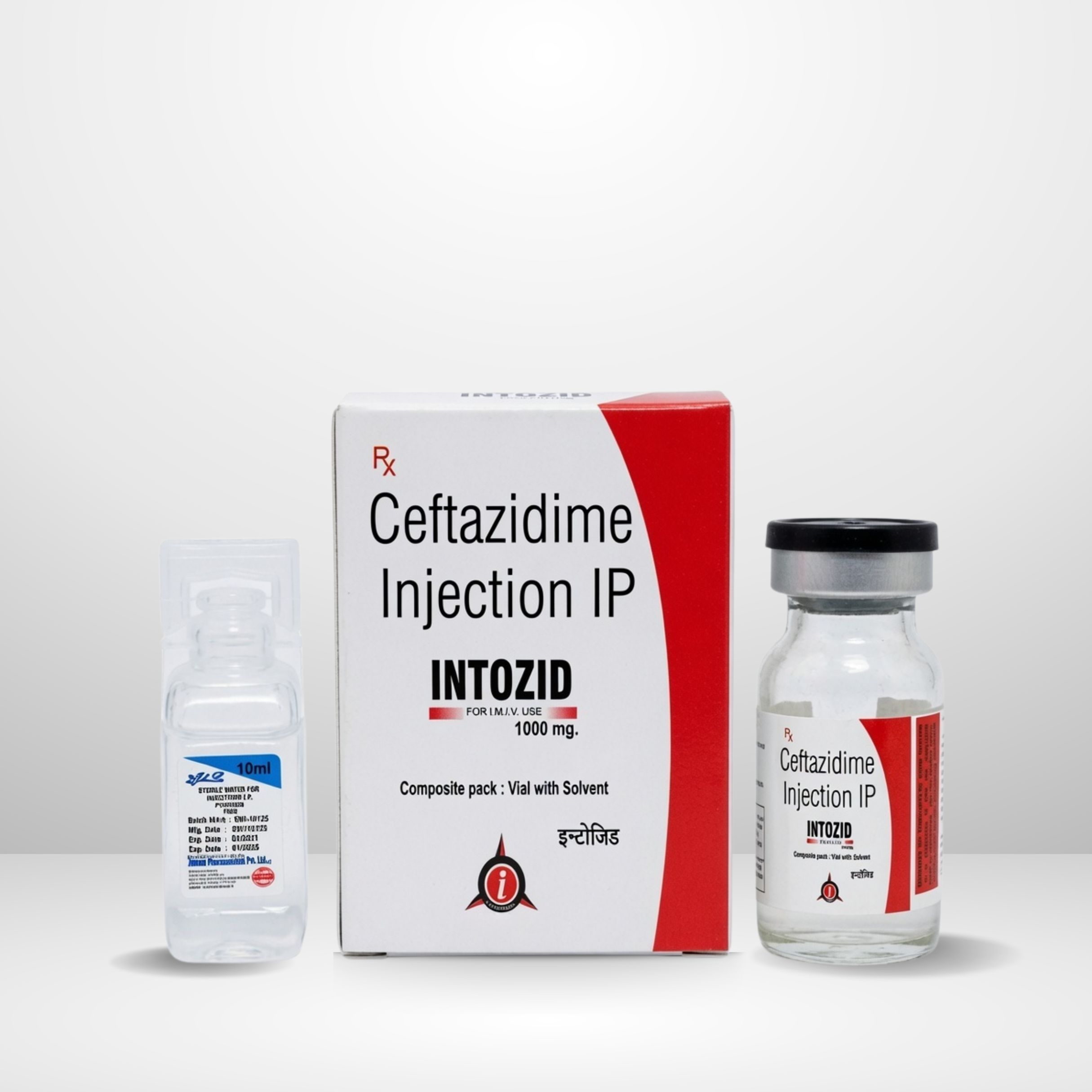 Ceftazidime Pentahydrate 1gm Injection vial and packaging labeled Intozid-1gm by Integrated Laboratories for pharmaceutical use