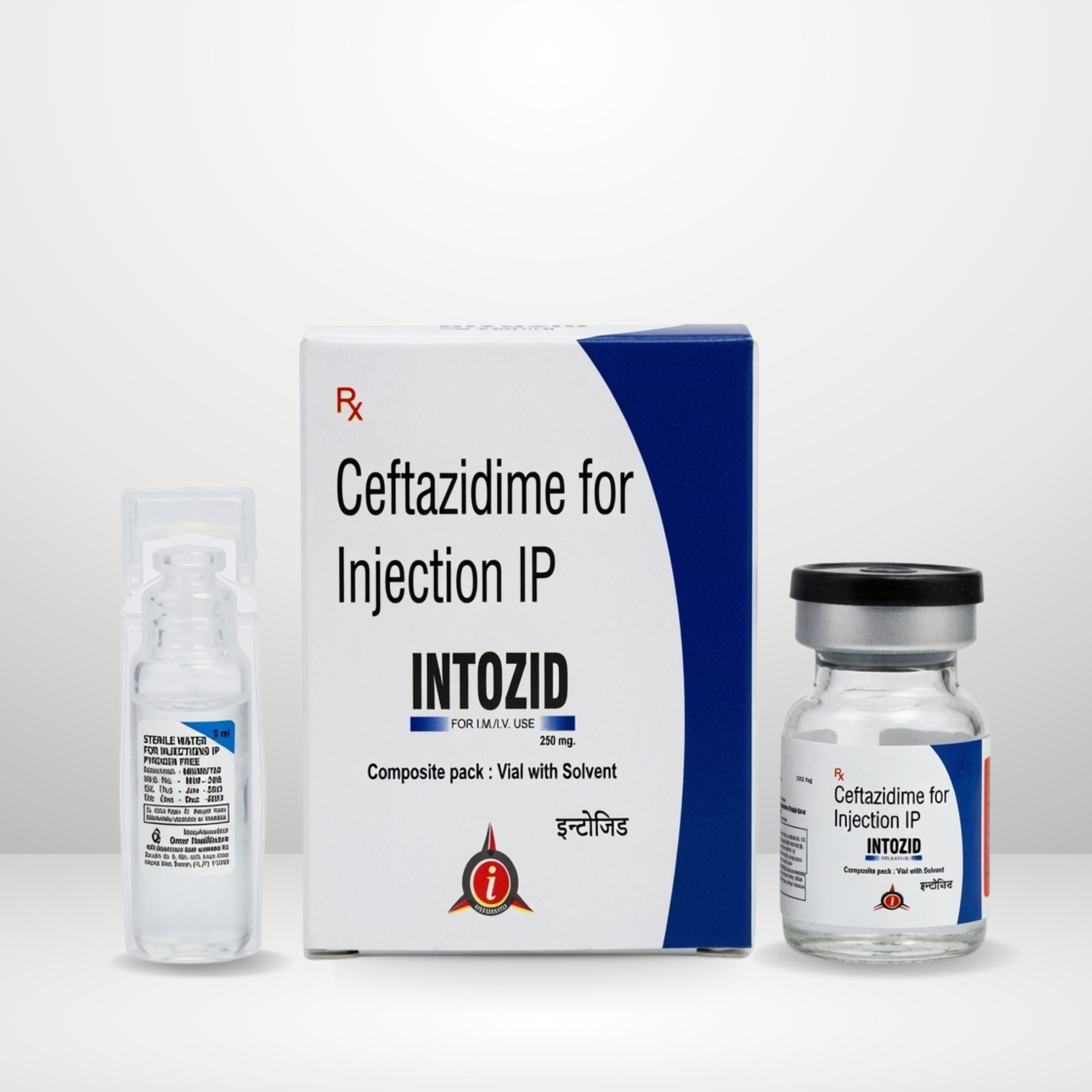 Ceftazidime 1gm + Tazobactam 125mg Injection vial and packaging labeled Intozid-TZ 1.125 by Integrated Laboratories for pharmaceutical use