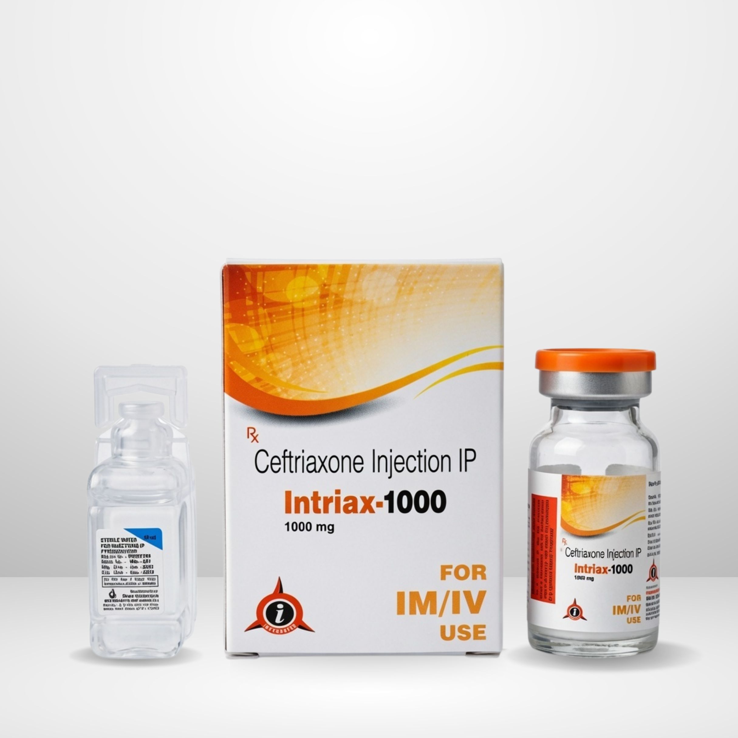 Ceftriaxone Sodium 1gm Injection vial and box labeled Intriax 1000 by Integrated Laboratories for pharmaceutical use
