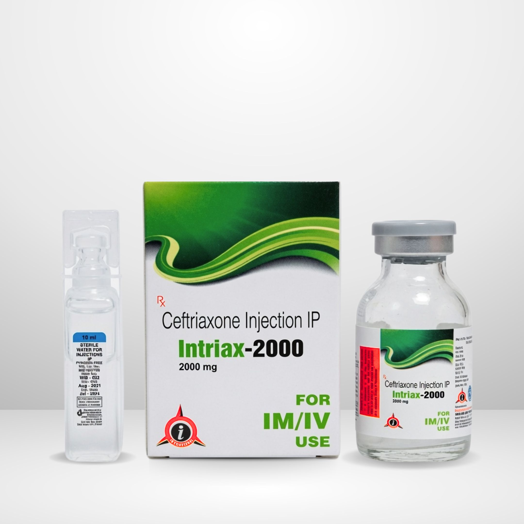 Ceftriaxone 2000mg Injection vial and packaging labeled Intriax-2000 by Integrated Laboratories for pharmaceutical use