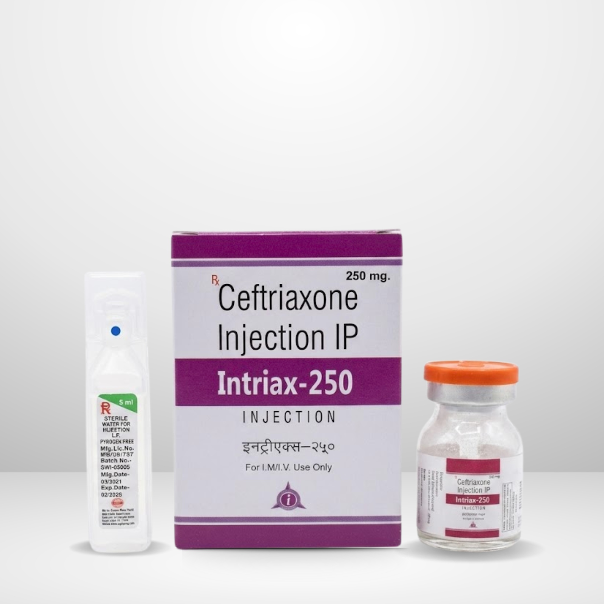 Ceftriaxone Sodium 250mg Injection vial and box labeled Intriax-250mg by Integrated Laboratories for pharmaceutical use