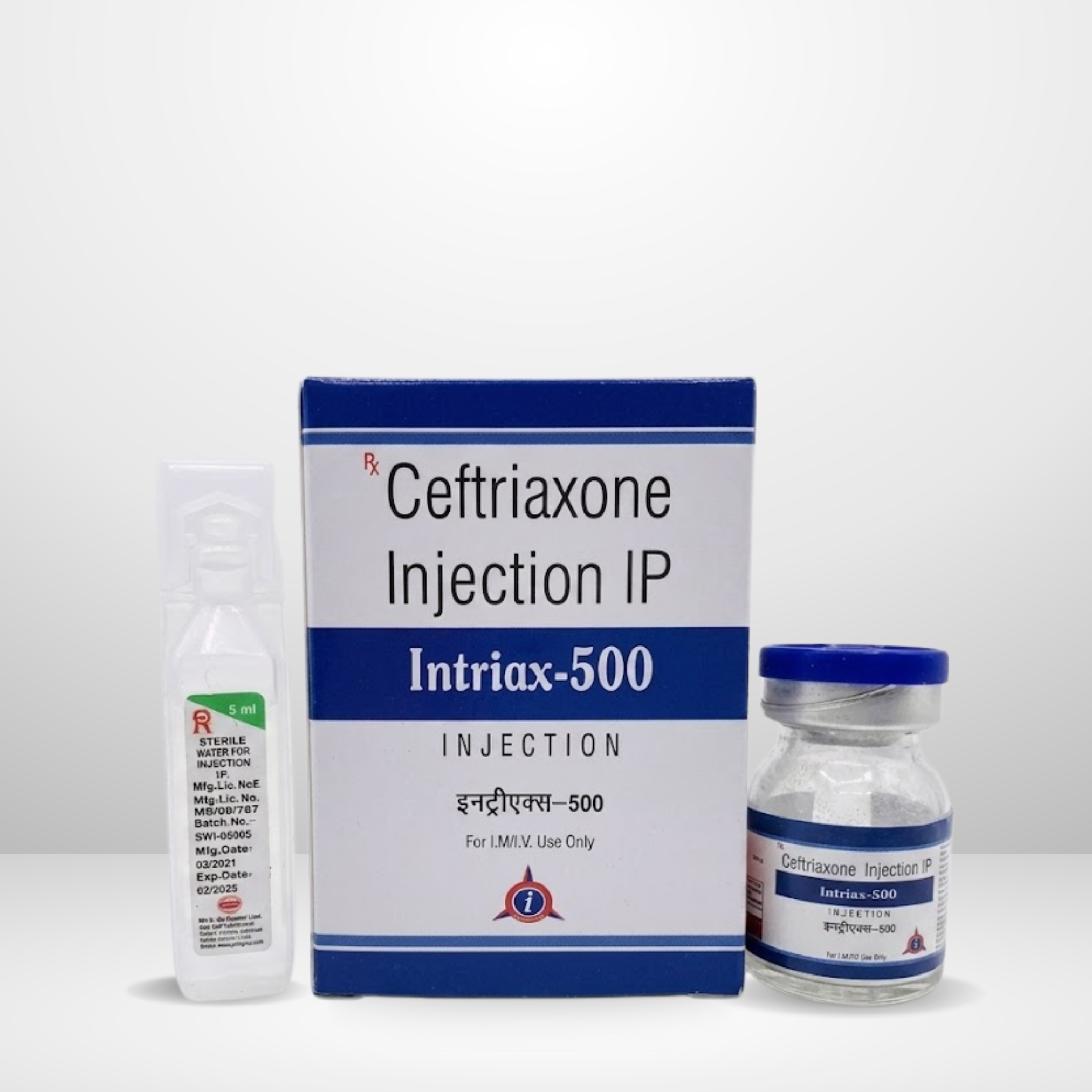 Ceftriaxone Sodium 500mg Injection vial and box labeled Intriax-500mg by Integrated Laboratories for pharmaceutical use