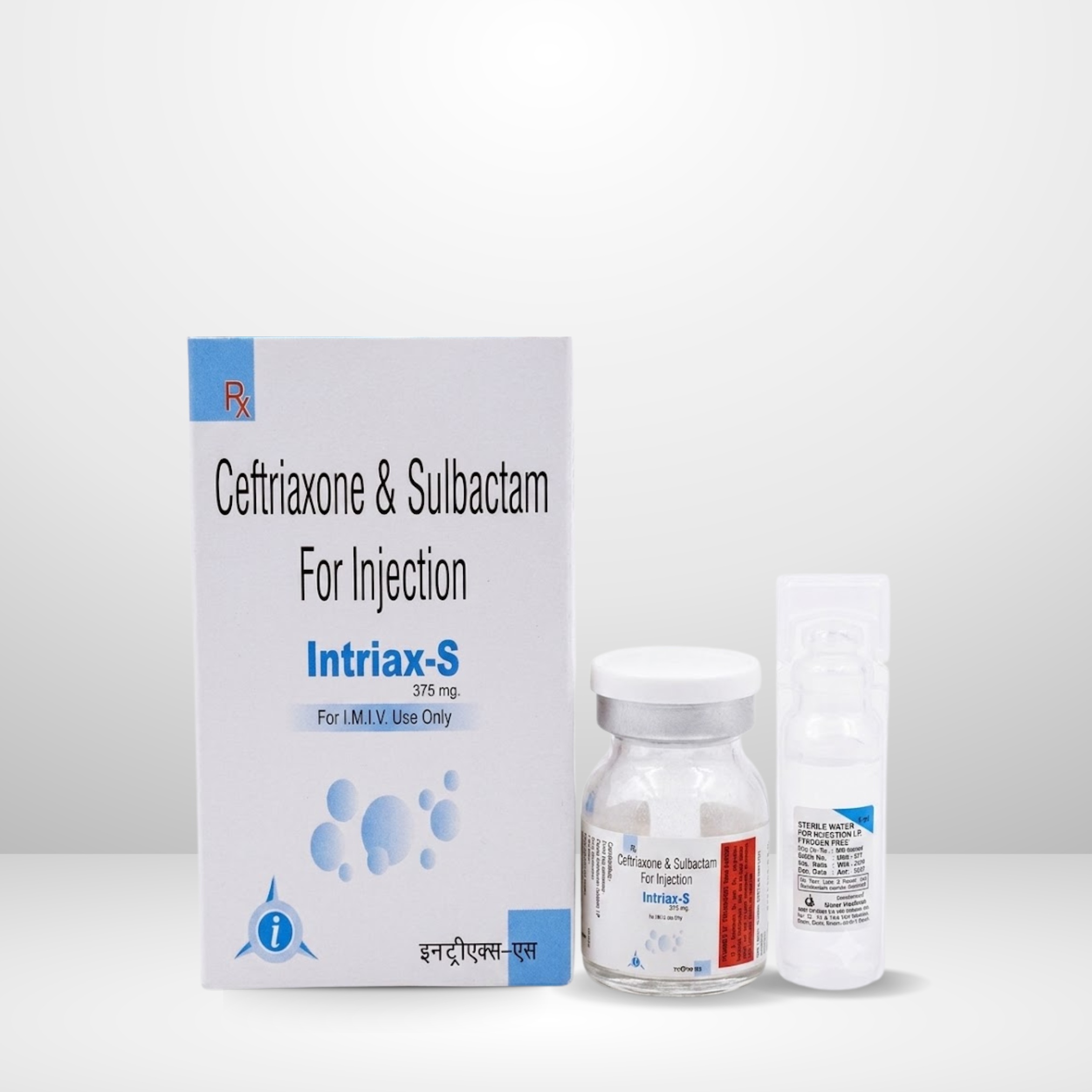 Ceftriaxone 250mg + Sulbactam 125mg Injection vial and box labeled Intriax-S 375mg by Integrated Laboratories for pharmaceutical use