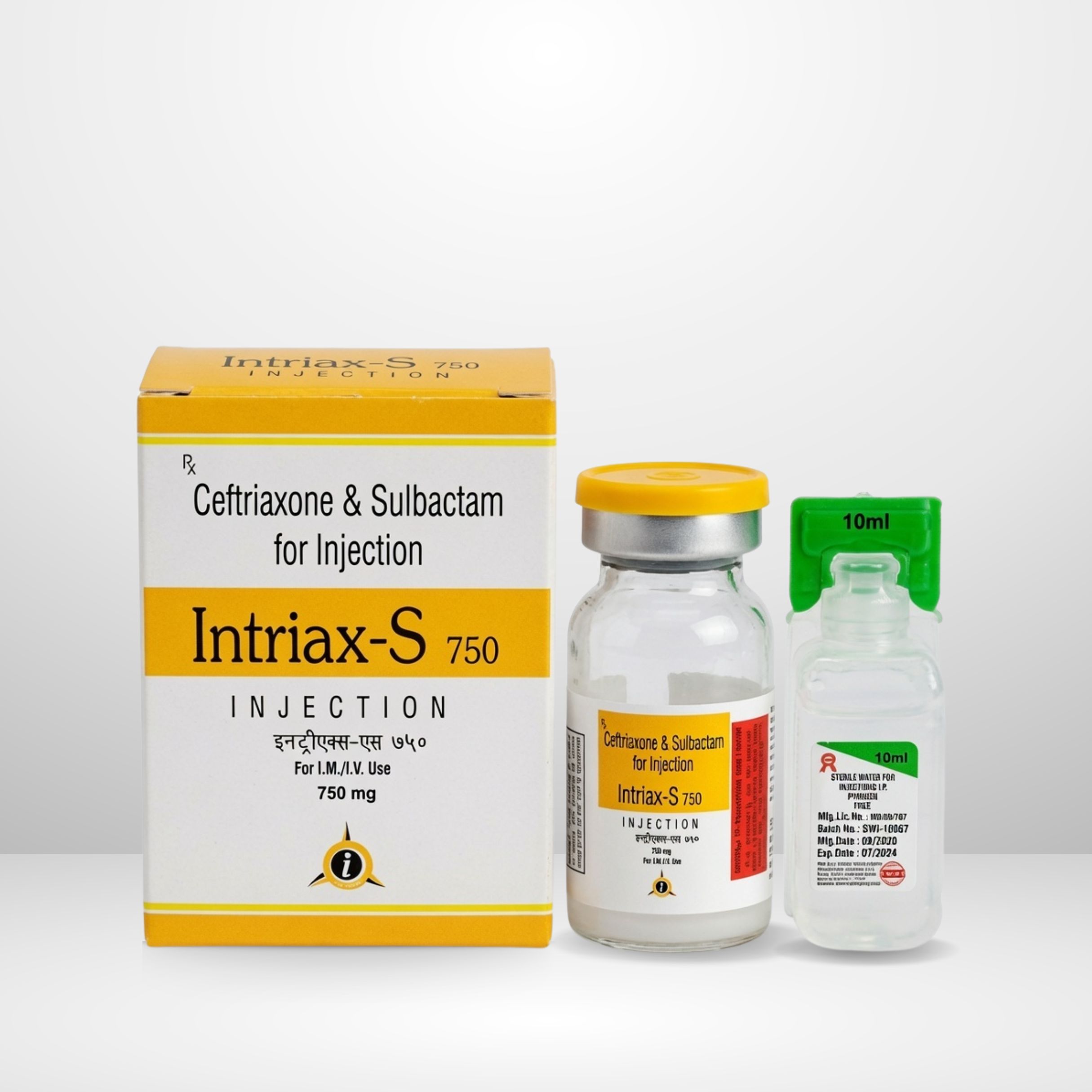 Ceftriaxone 500mg + Sulbactam 250mg Injection vial and box labeled Intriax-S 750mg by Integrated Laboratories for pharmaceutical use