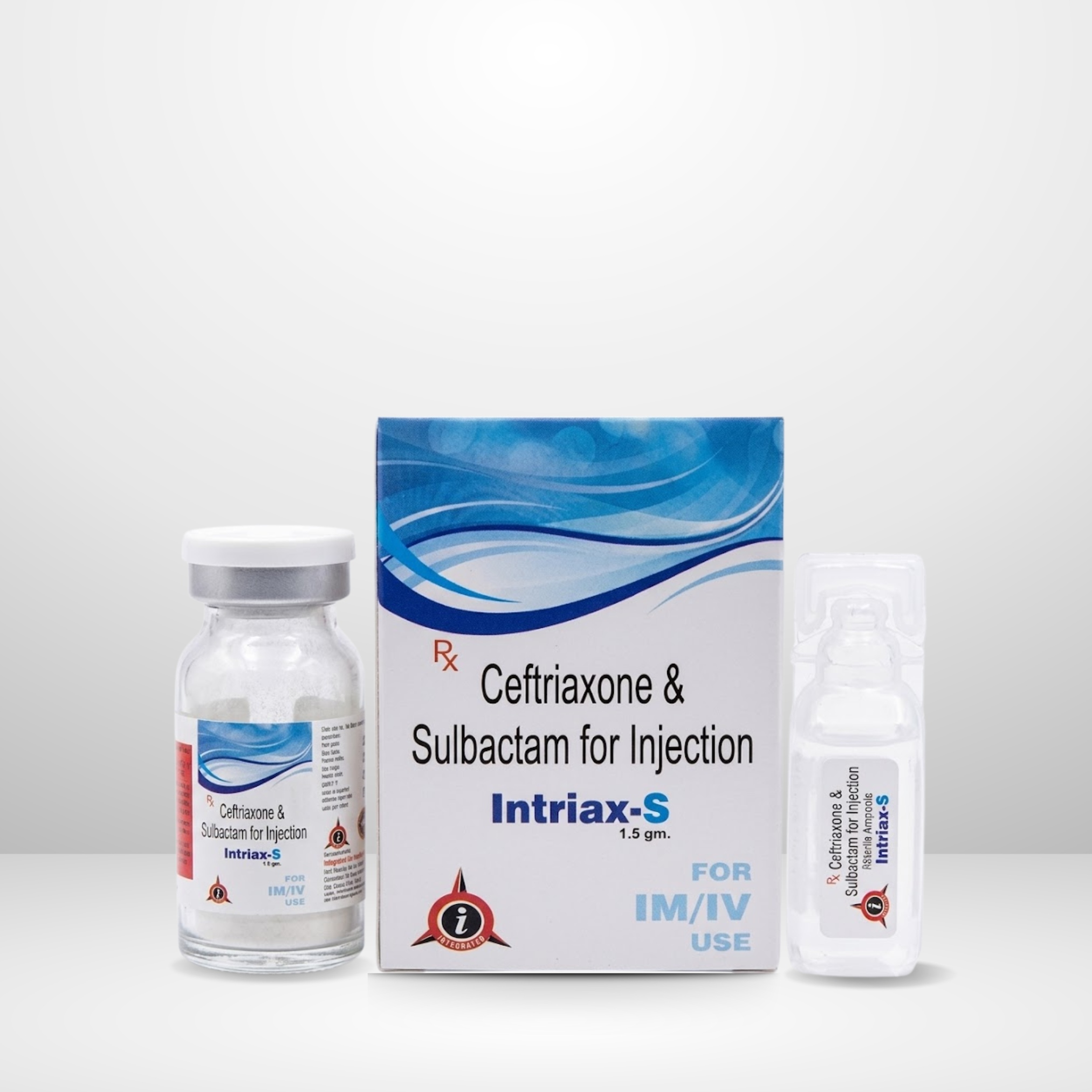 Ceftriaxone 1gm + Sulbactam 500mg Injection vial and box labeled Intriax-S 1.5gm by Integrated Laboratories for pharmaceutical use