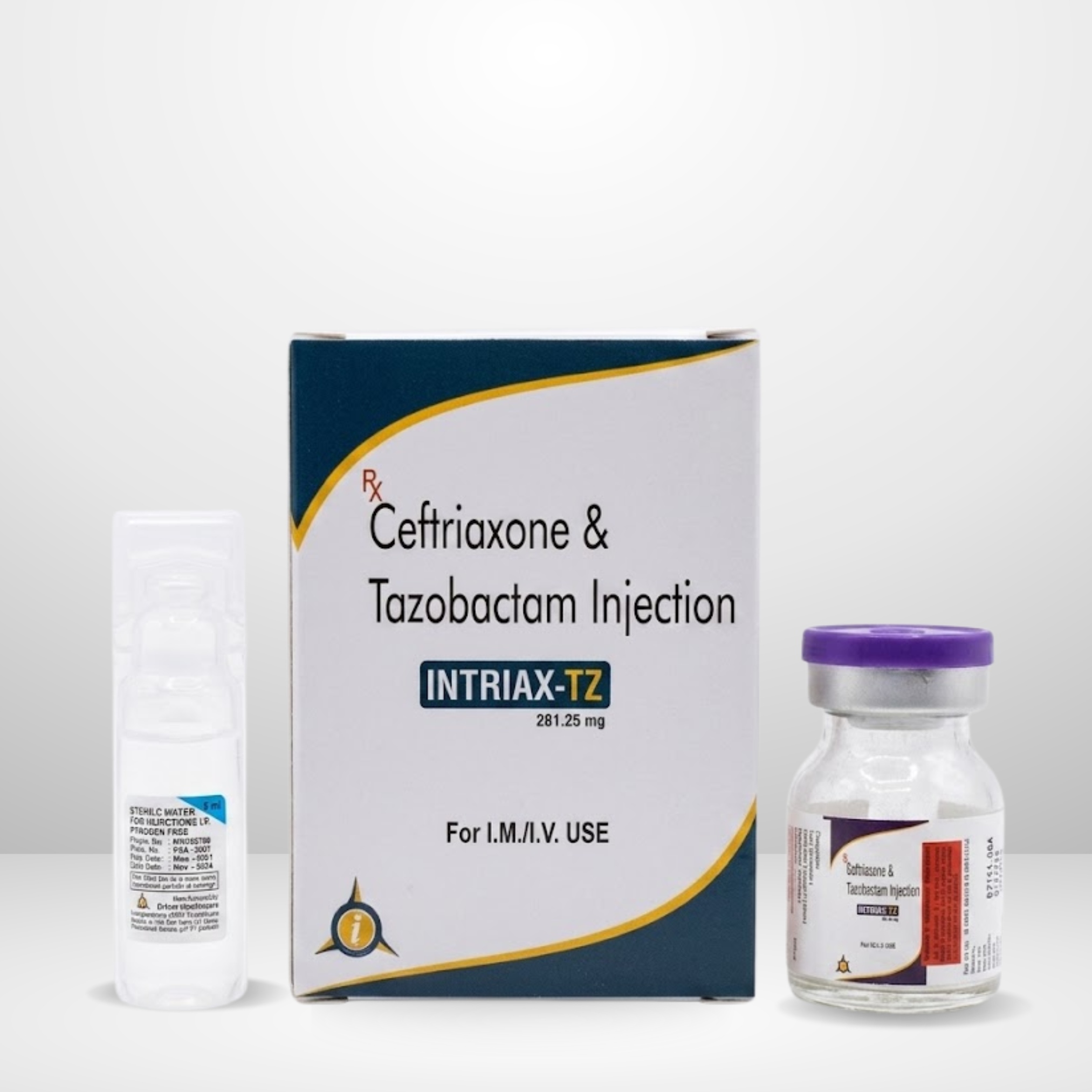 Ceftriaxone 250mg + Tazobactam 31.25mg Injection vial and box labeled Intriax-Tz 281.25mg by Integrated Laboratories for pharmaceutical use