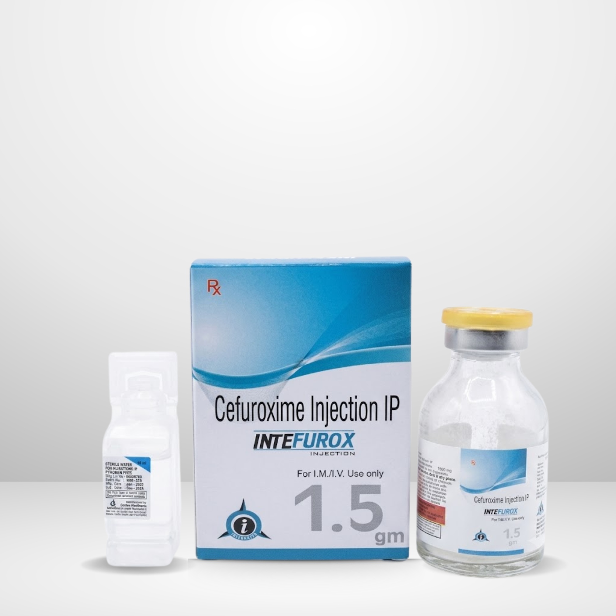 Cefuroxime Sodium 1.5gm Injection vial and box labeled Intefurox-1.5gm by Integrated Laboratories for pharmaceutical use