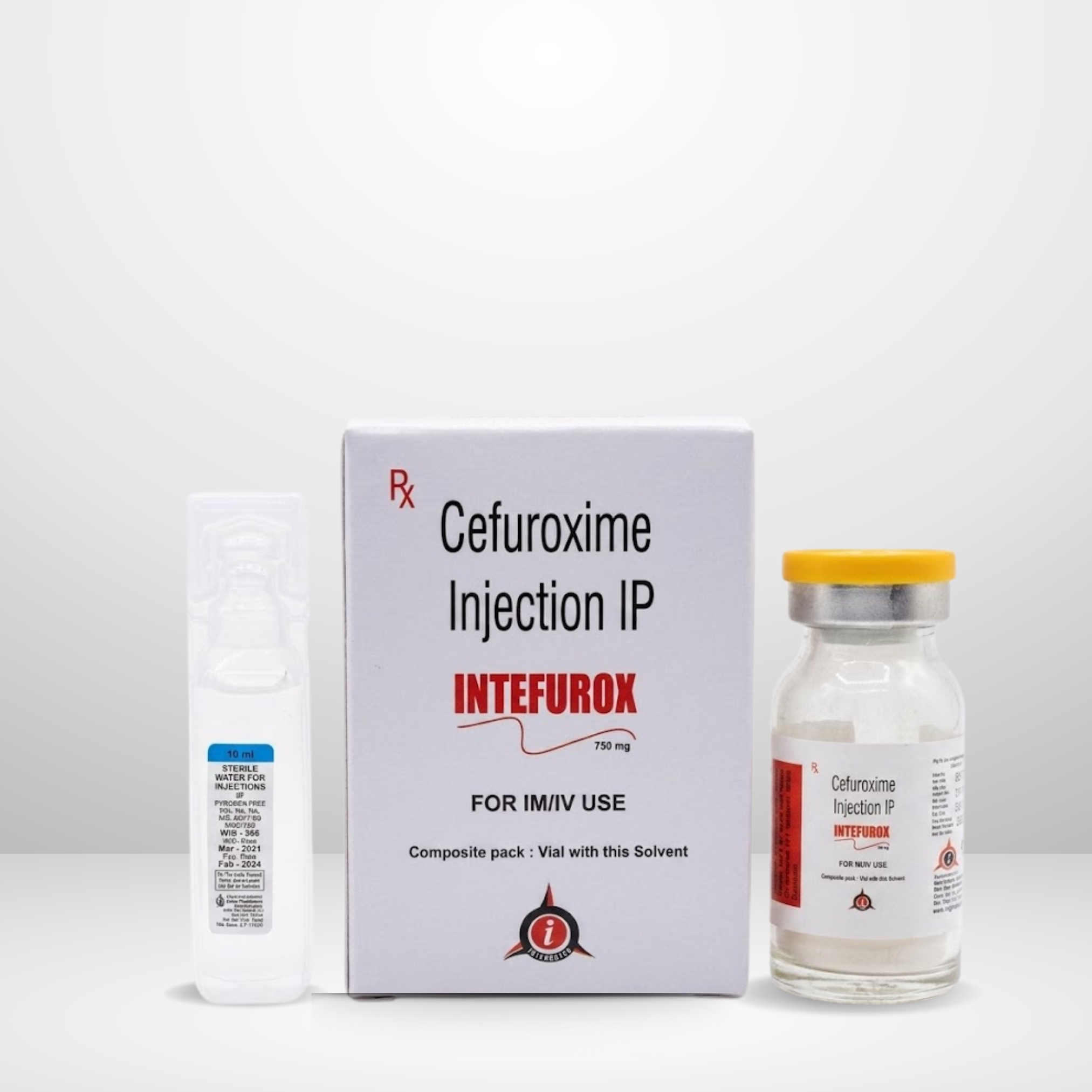 Cefuroxime Sodium 750mg Injection vial and box labeled Intefurox-750mg by Integrated Laboratories for pharmaceutical use