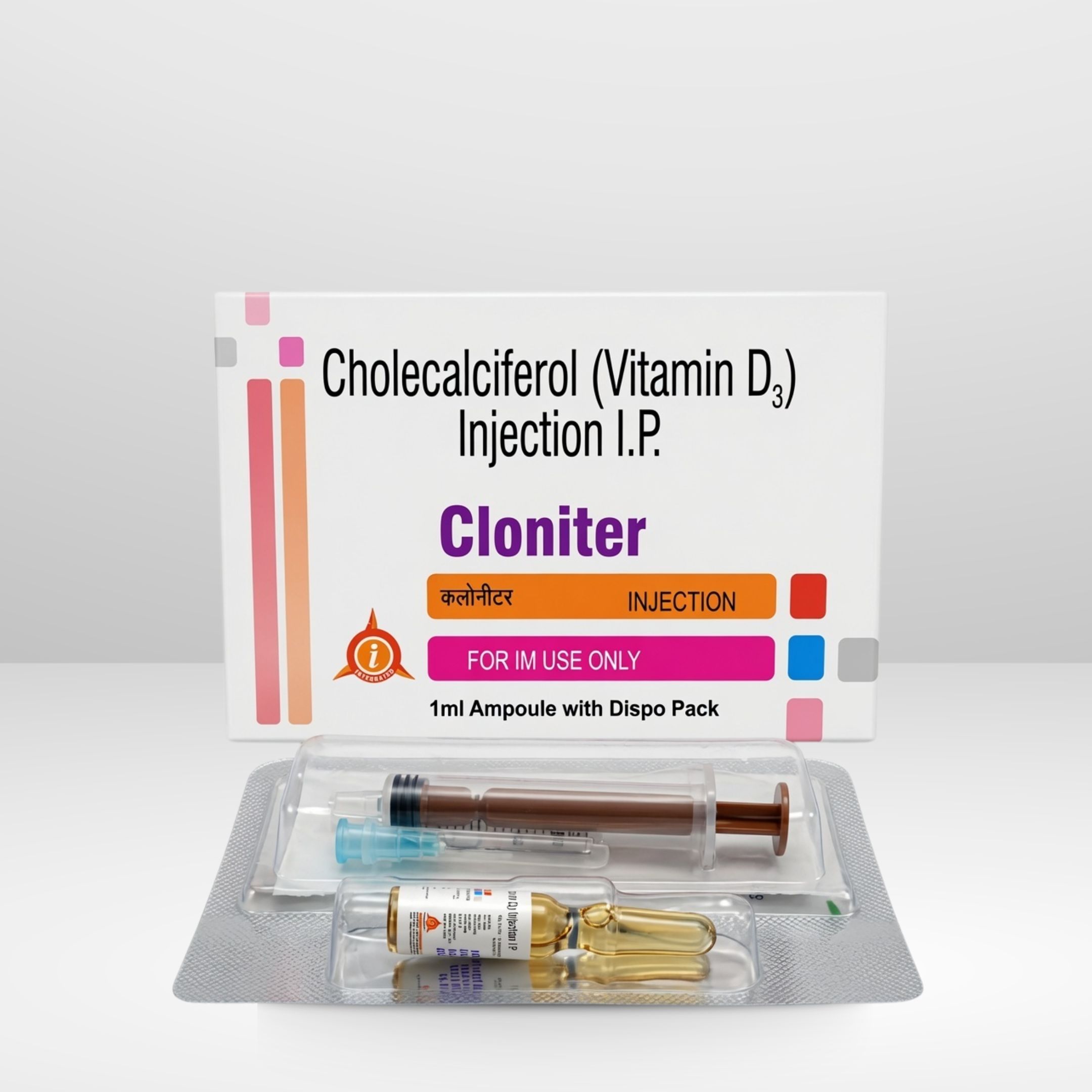 Cholecalciferol Vitamin D3 Injection prefilled syringe labeled Cloniter Dispo by Integrated Laboratories for pharmaceutical use
