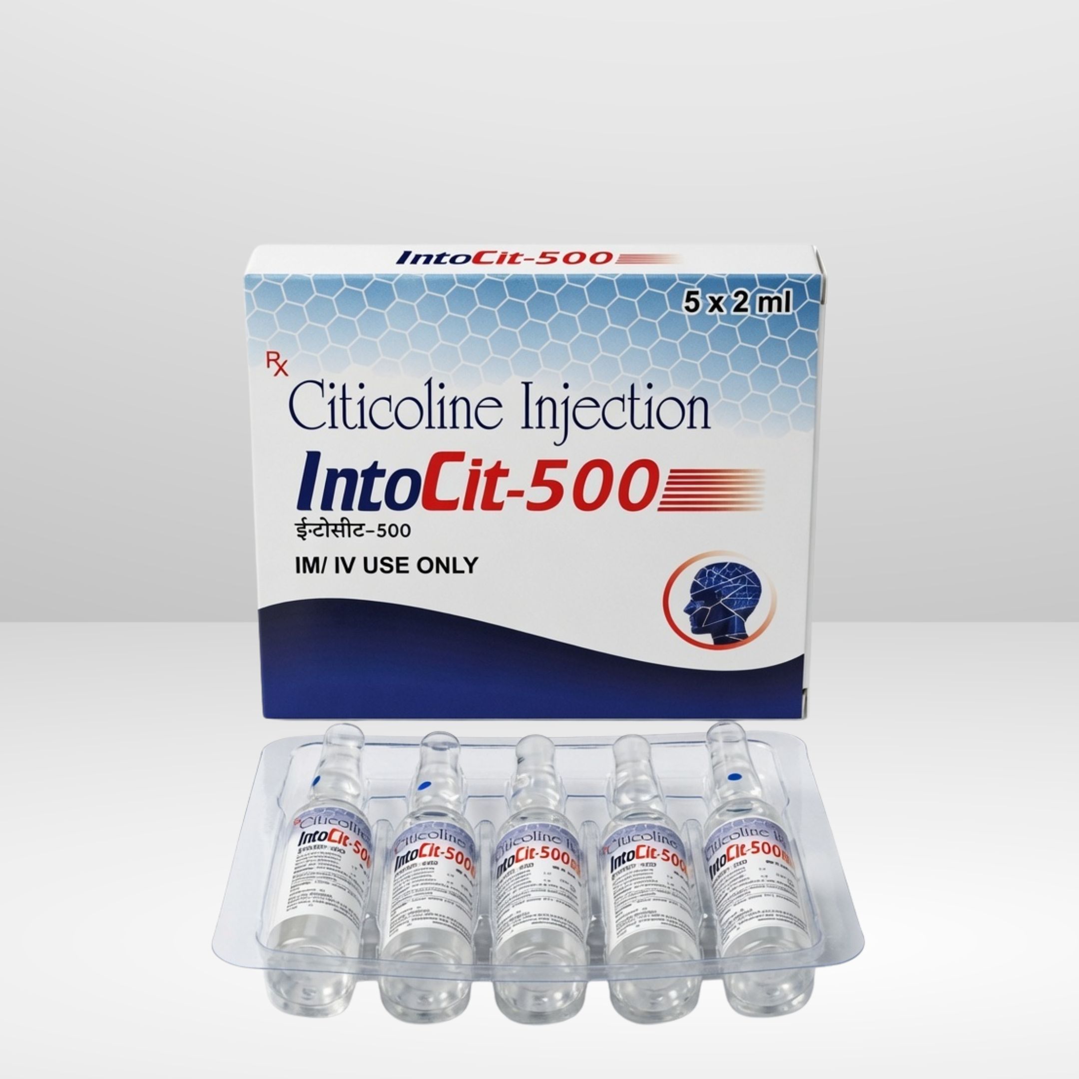 Citicoline Sodium 500mg Injection vial and box labeled Intocit-500 by Integrated Laboratories for pharmaceutical use
