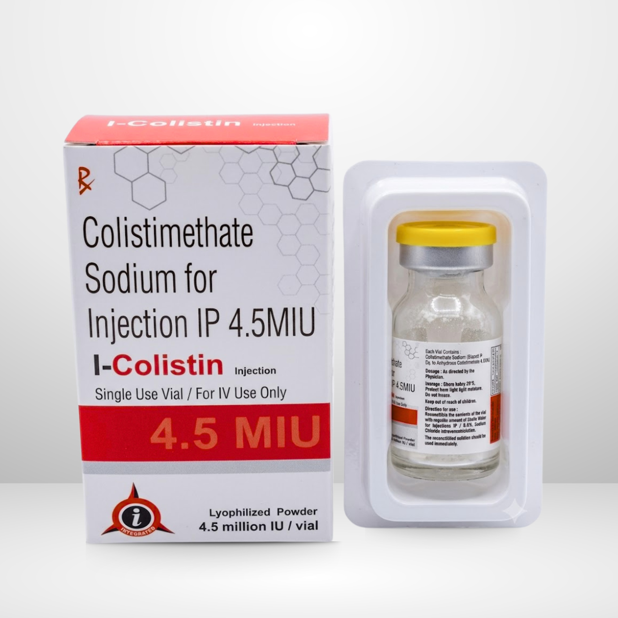 Colistimethate Sodium 4.5 MIU Injection vial and box labeled I Colistin 4.5 MIU by Integrated Laboratories for pharmaceutical use