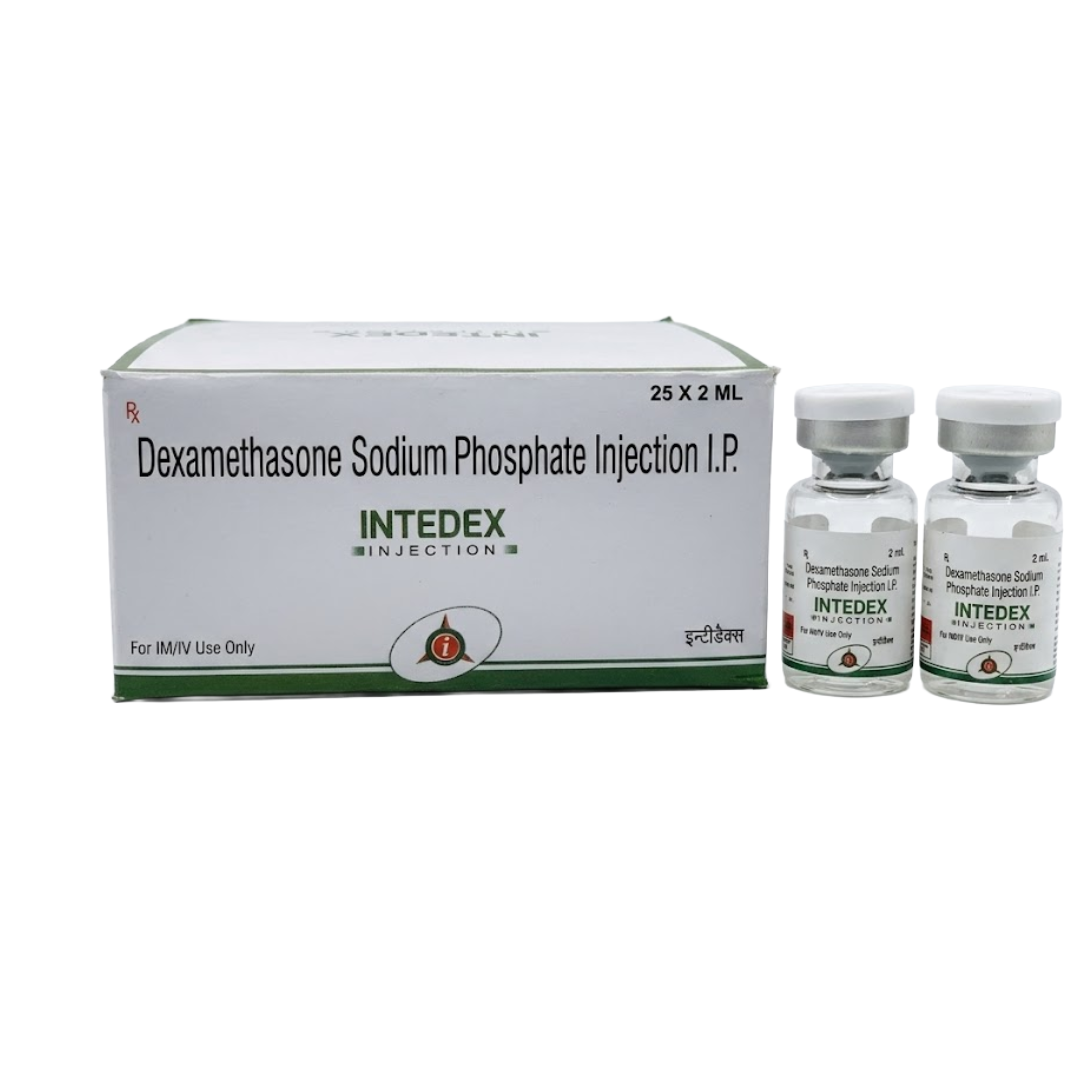 Box and 2ml vial of Intedex Dexamethasone Sodium Phosphate Injection