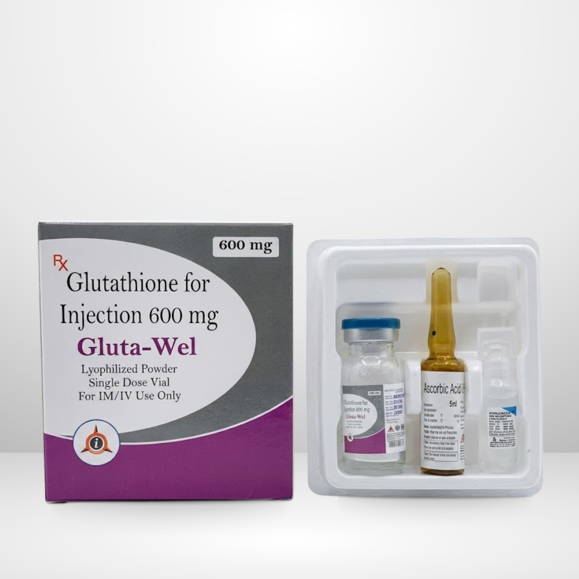 Glutathione Injection vial and box labeled Gluta-Wel by Integrated Laboratories for pharmaceutical use