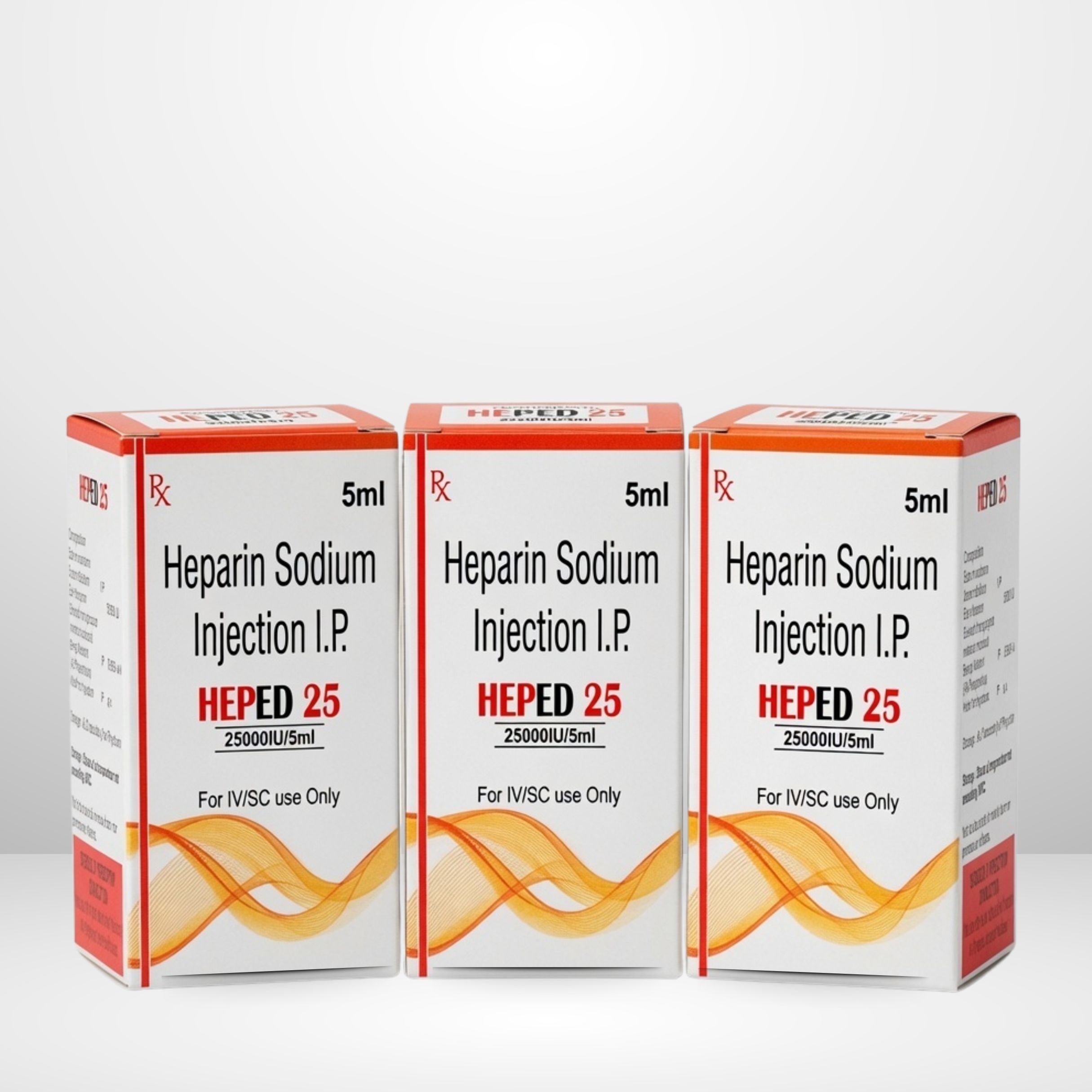 Heparin Sodium 25000IU Injection vial and packaging labeled Heped-25 by Integrated Laboratories for pharmaceutical use