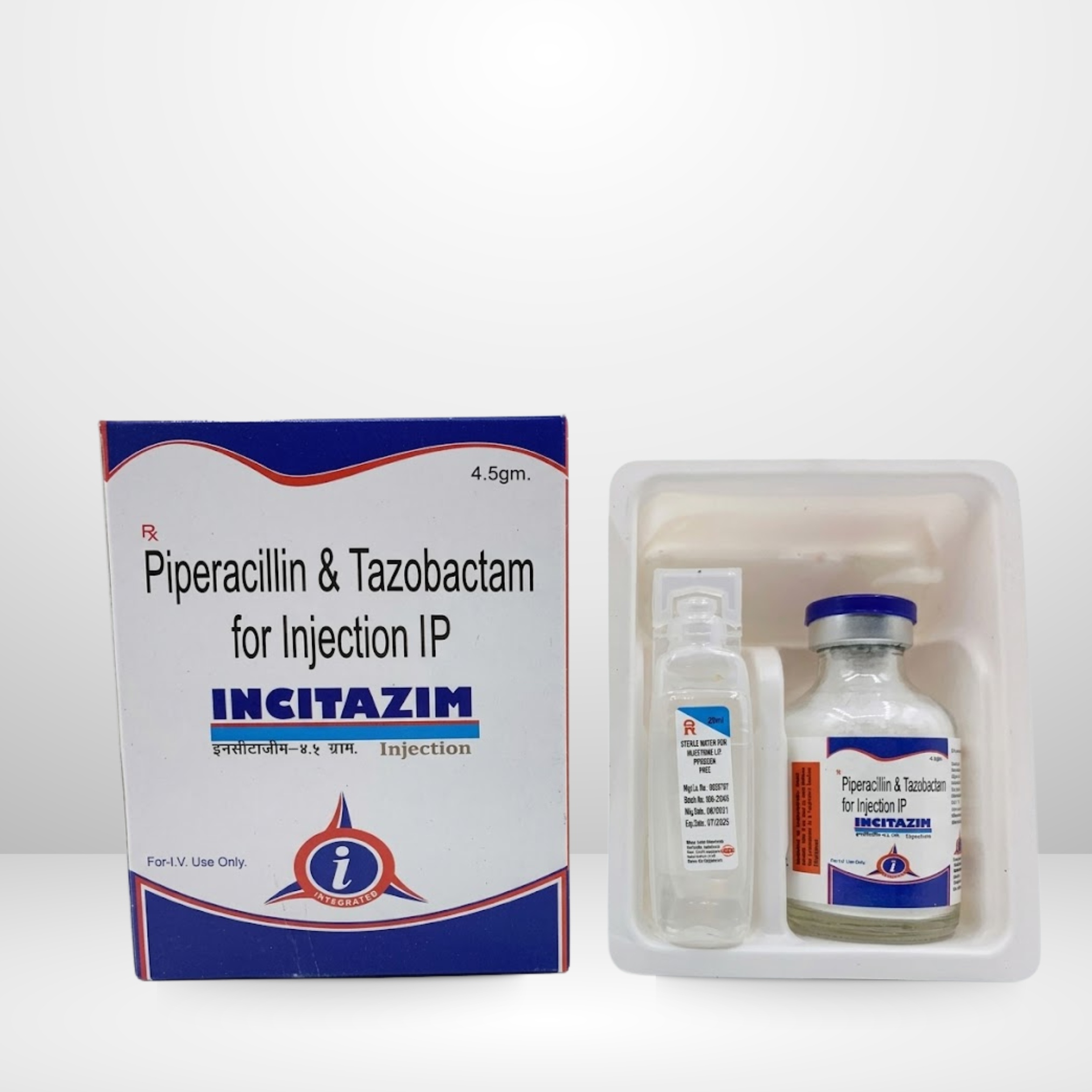 Piperacillin 4gm + Tazobactam 500mg Injection vial and box labeled Incitazim 4.5gm by Integrated Laboratories for pharmaceutical use
