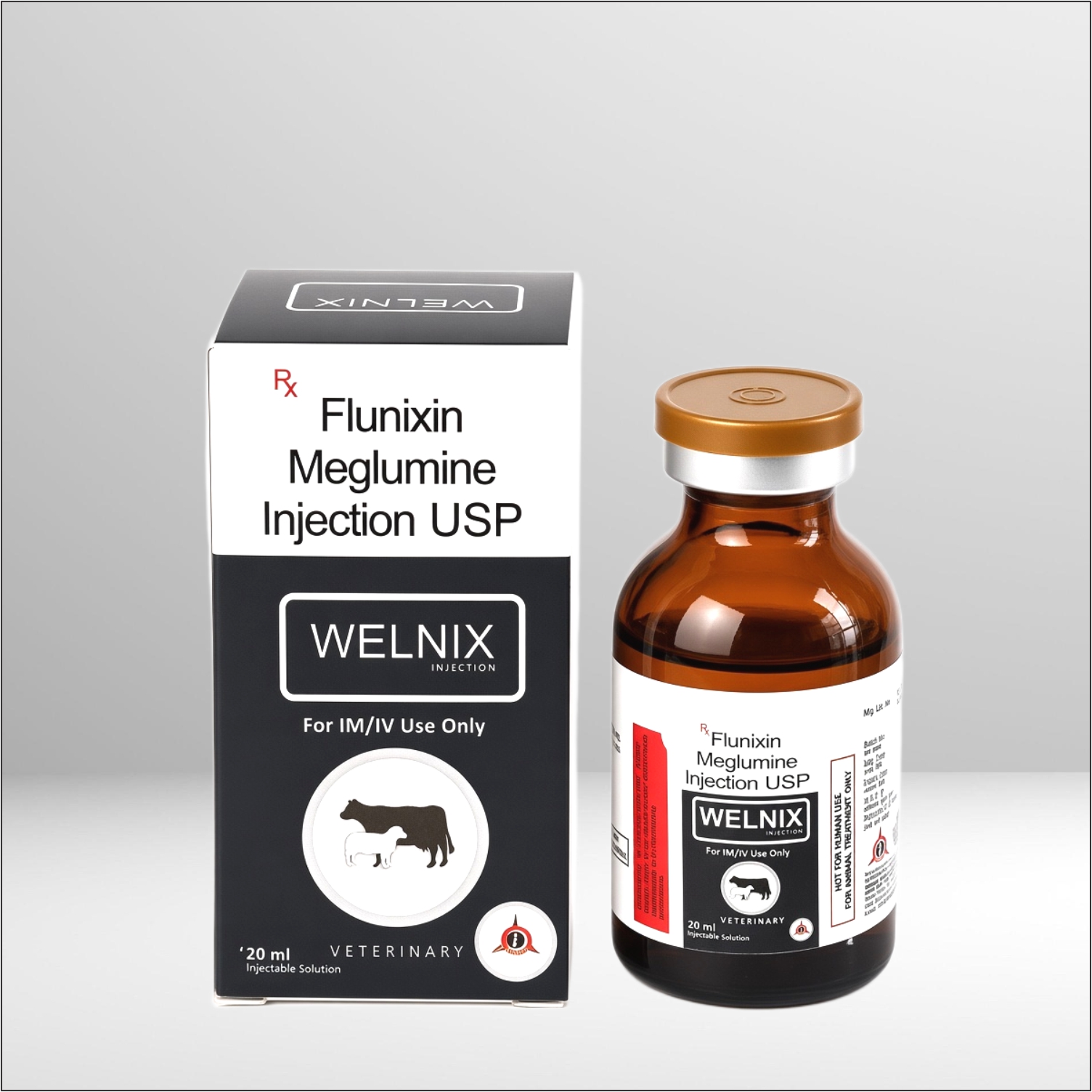 Vial and box of Welnix Flunixin Meglumine InjectionVial and box of Welnix Flunixin Meglumine Injection