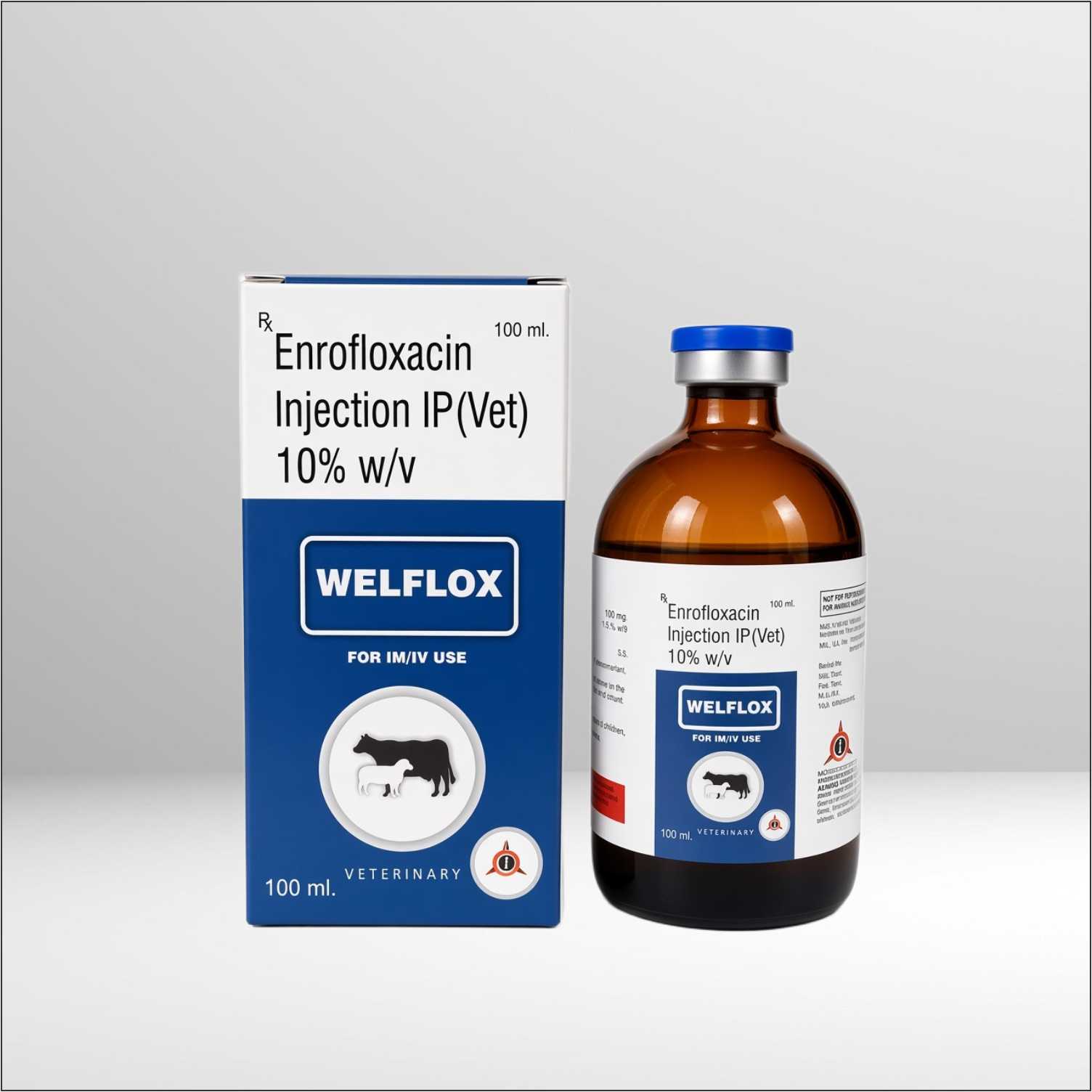 Vial and box of Welflox Enrofloxacin Injection 10% w/w