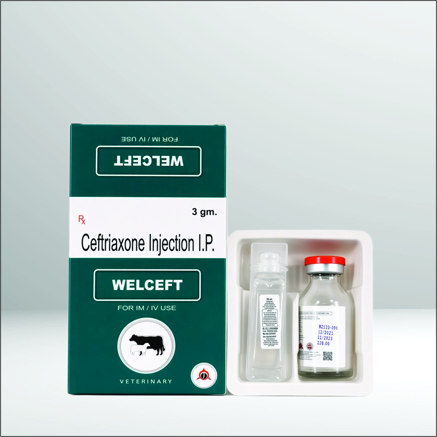Vial and box of Welceft-3gm Ceftriaxone Injection