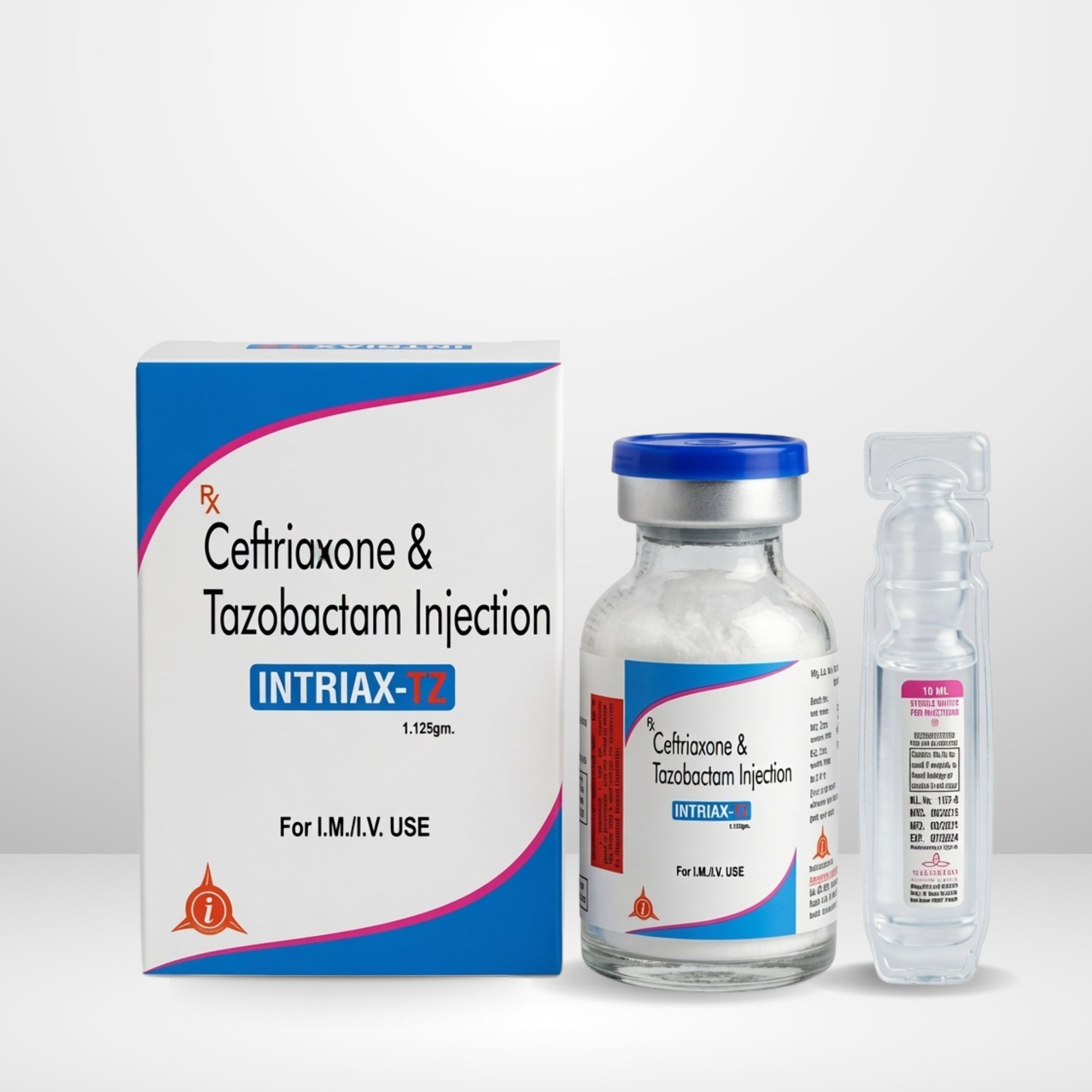Ceftriaxone 1gm + Tazobactam 125mg Injection vial and box labeled Intriax-Tz 1.125gm by Integrated Laboratories for pharmaceutical use