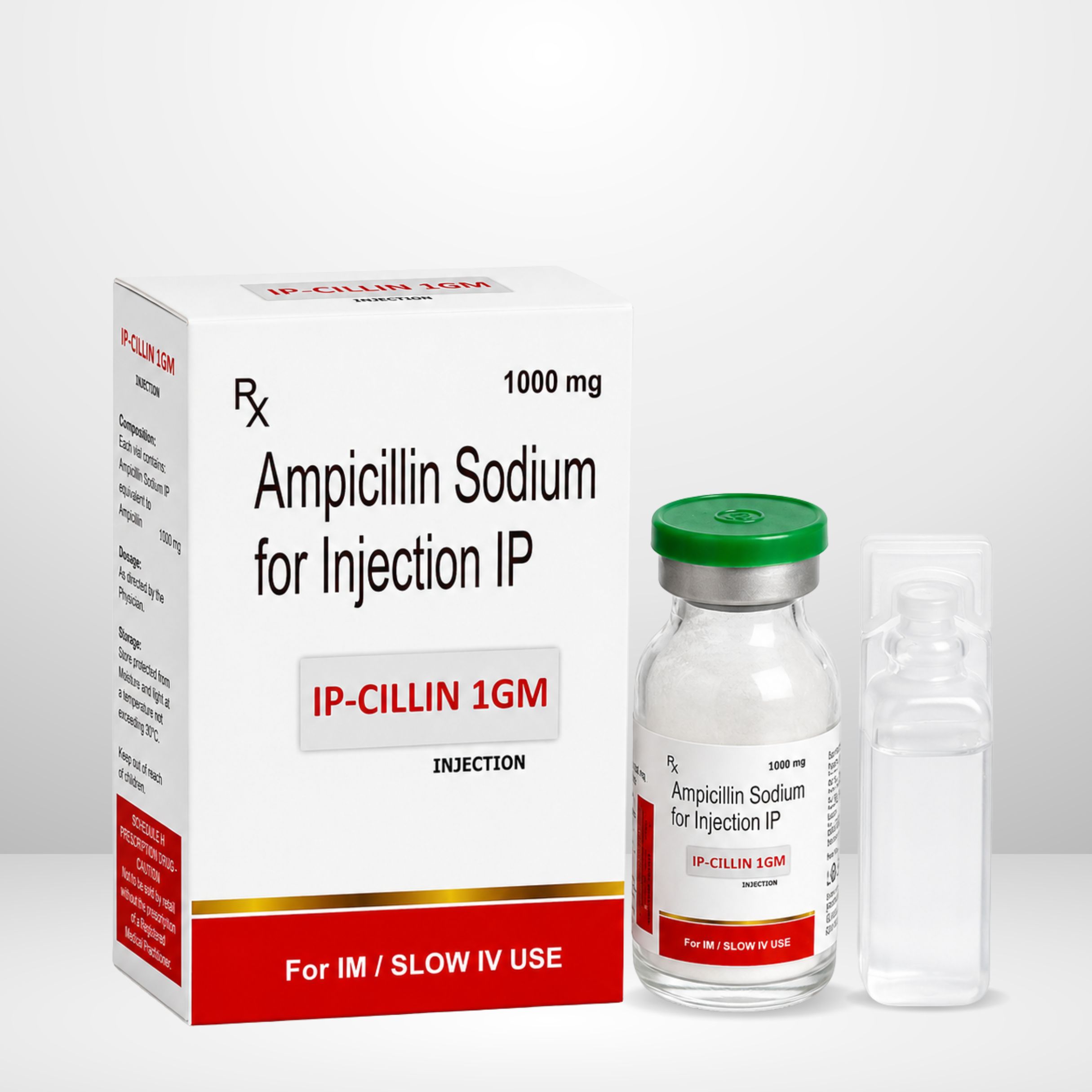 Ampicillin Injection 1000mg product vial and packaging labeled Ip-Cillin 1gm by Integrated Laboratories for pharmaceutical use