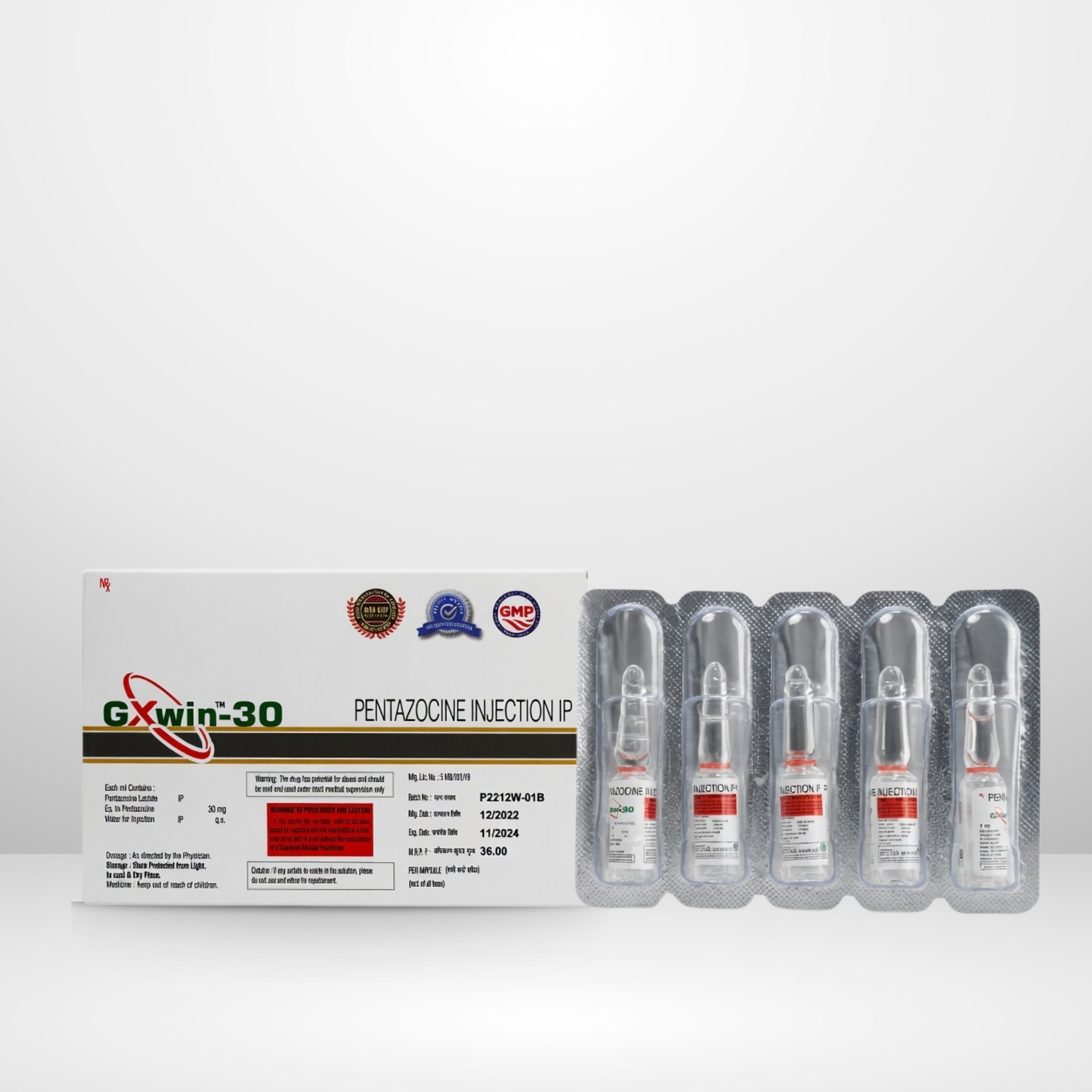 Pentazocine Injection vial and packaging labeled Gxwin-30 by Integrated Laboratories for pharmaceutical use