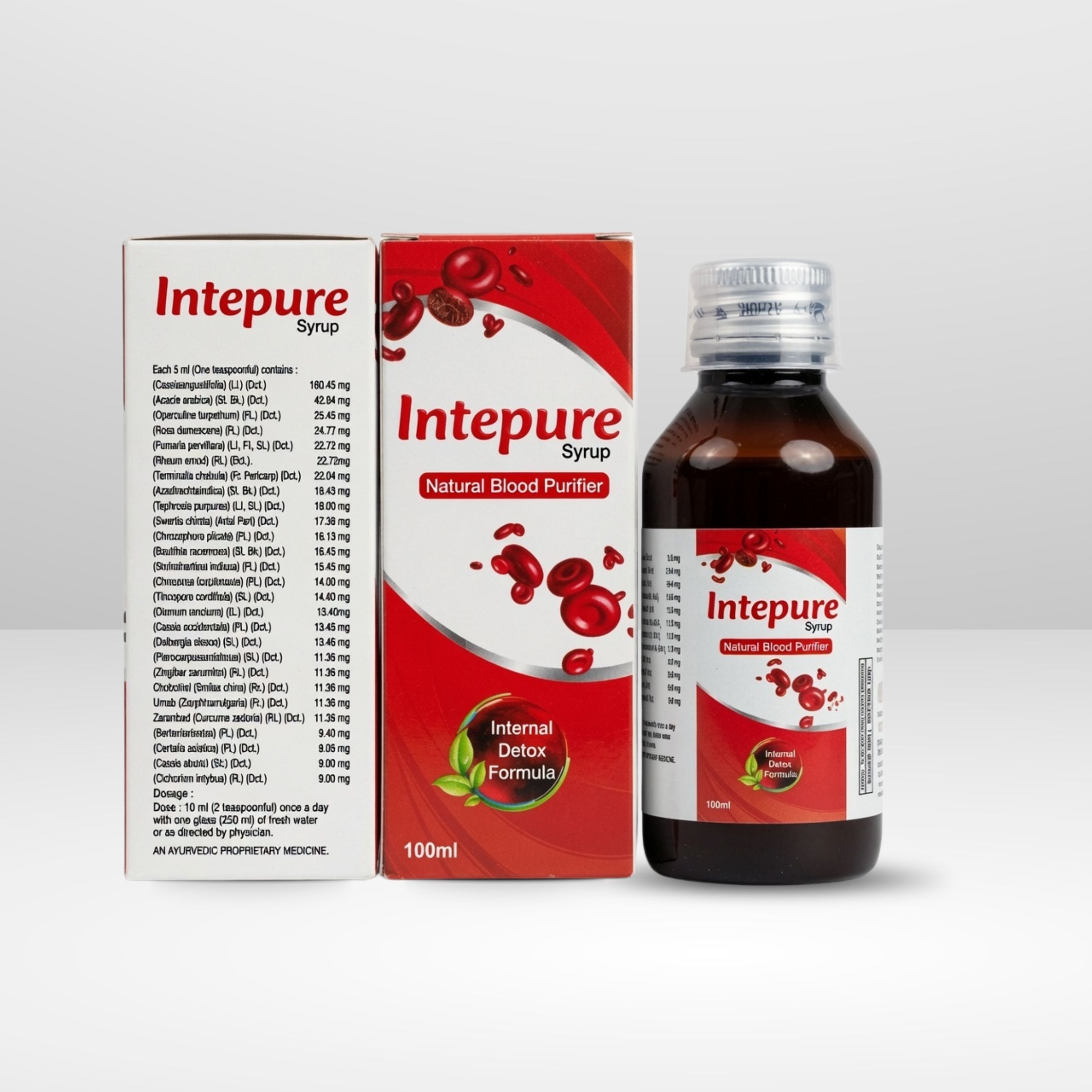 A bottle of Intepure Natural Blood Purifier Syrup surrounded by fresh ayurvedic herbs like Neem and Manjistha for healthy skin.